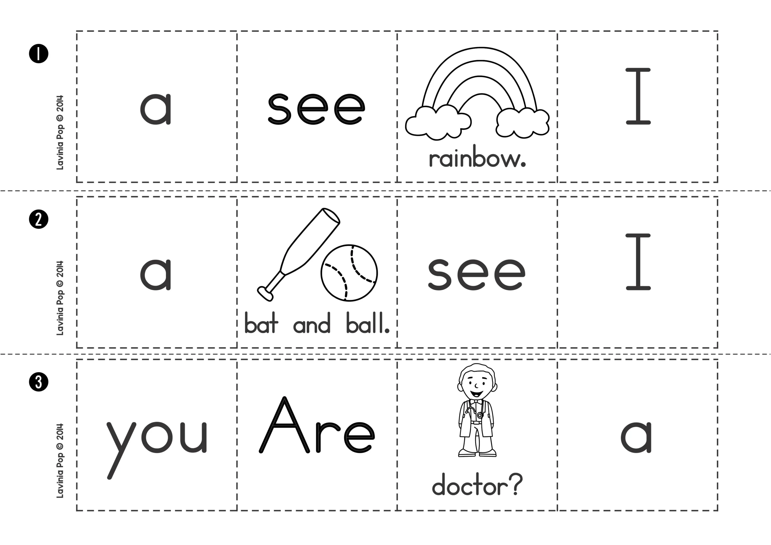 Blackline Sentence Building Cards | Pre-Primer Sight Word Practice for Kindergarten and First Grade Black-and-white cut-and-paste sight word cards for sentences “I see a rainbow,” “I see a bat and ball,” and “Are you a doctor?” perfect for kindergarten and first grade literacy practice.