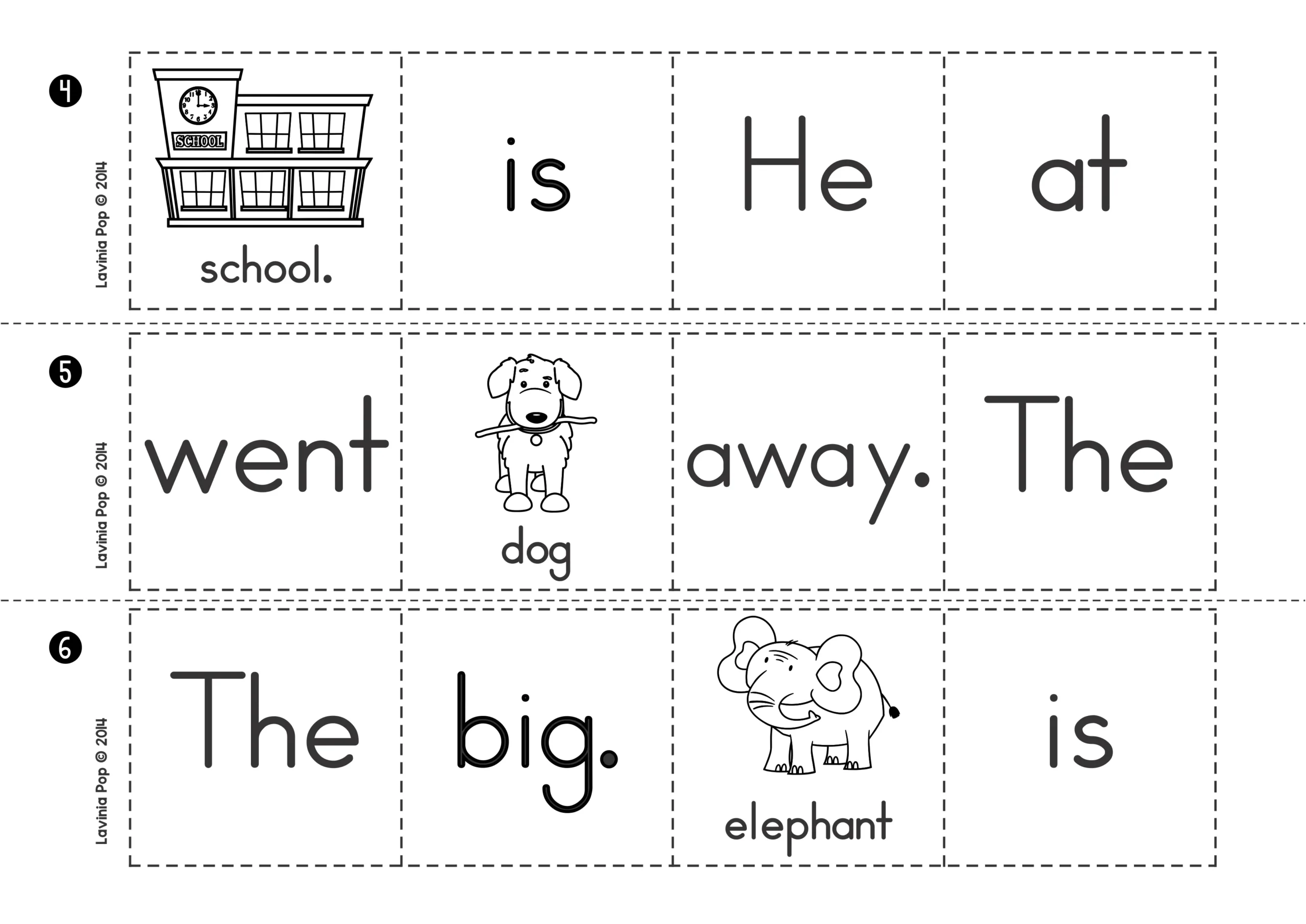 Printable Blackline Sentence Building Worksheets | Kindergarten and First Grade Sight Words Blackline worksheets with cut-out sight word cards for “He is at school,” “The dog went away,” and “The big elephant.” Designed for kindergarten and first grade sentence building centers.