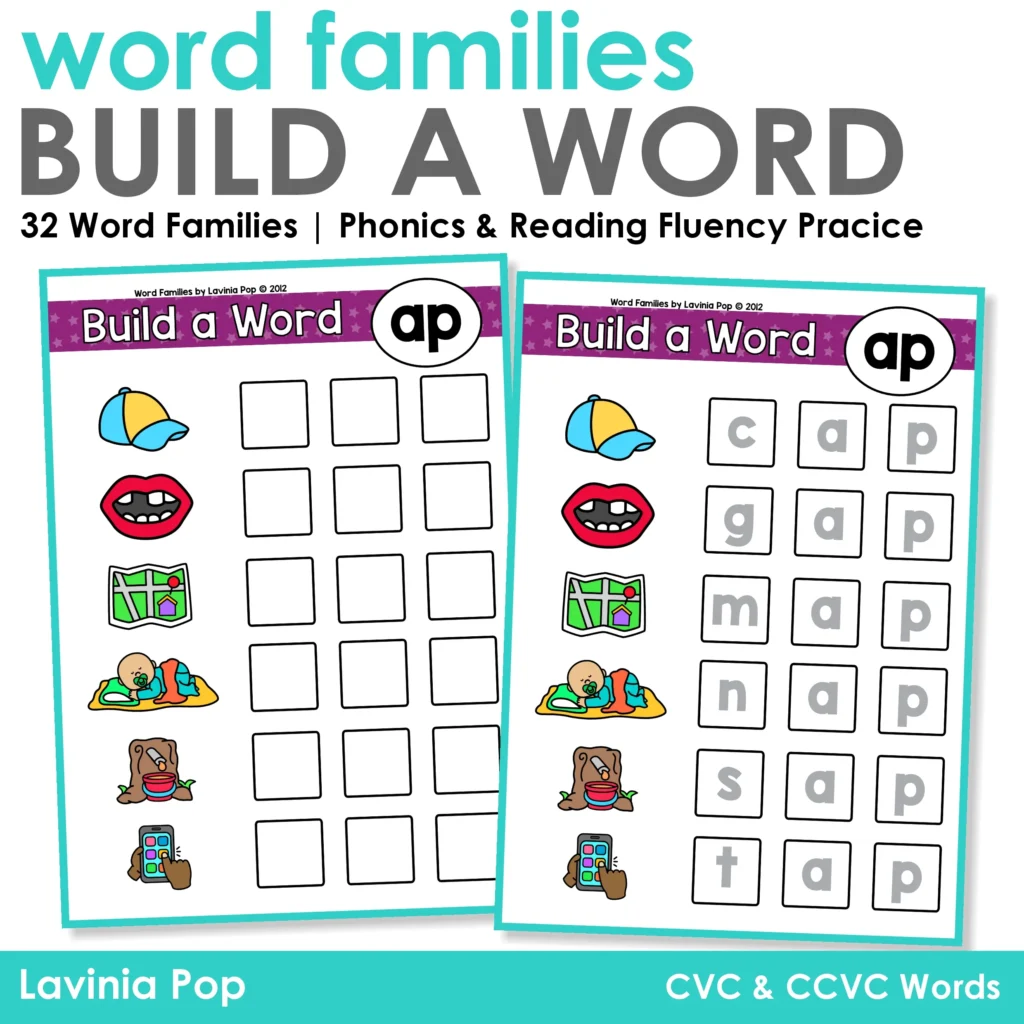 Build a Word Mats cover showing two printable CVC word family worksheets for ap words including cap gap map nap sap tap