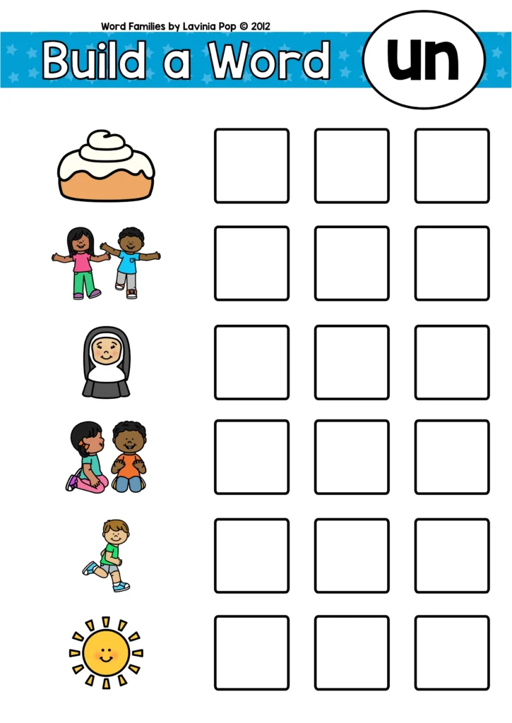 Word family build a word worksheet for un words with bun fun nun run sun for kindergarten literacy centers