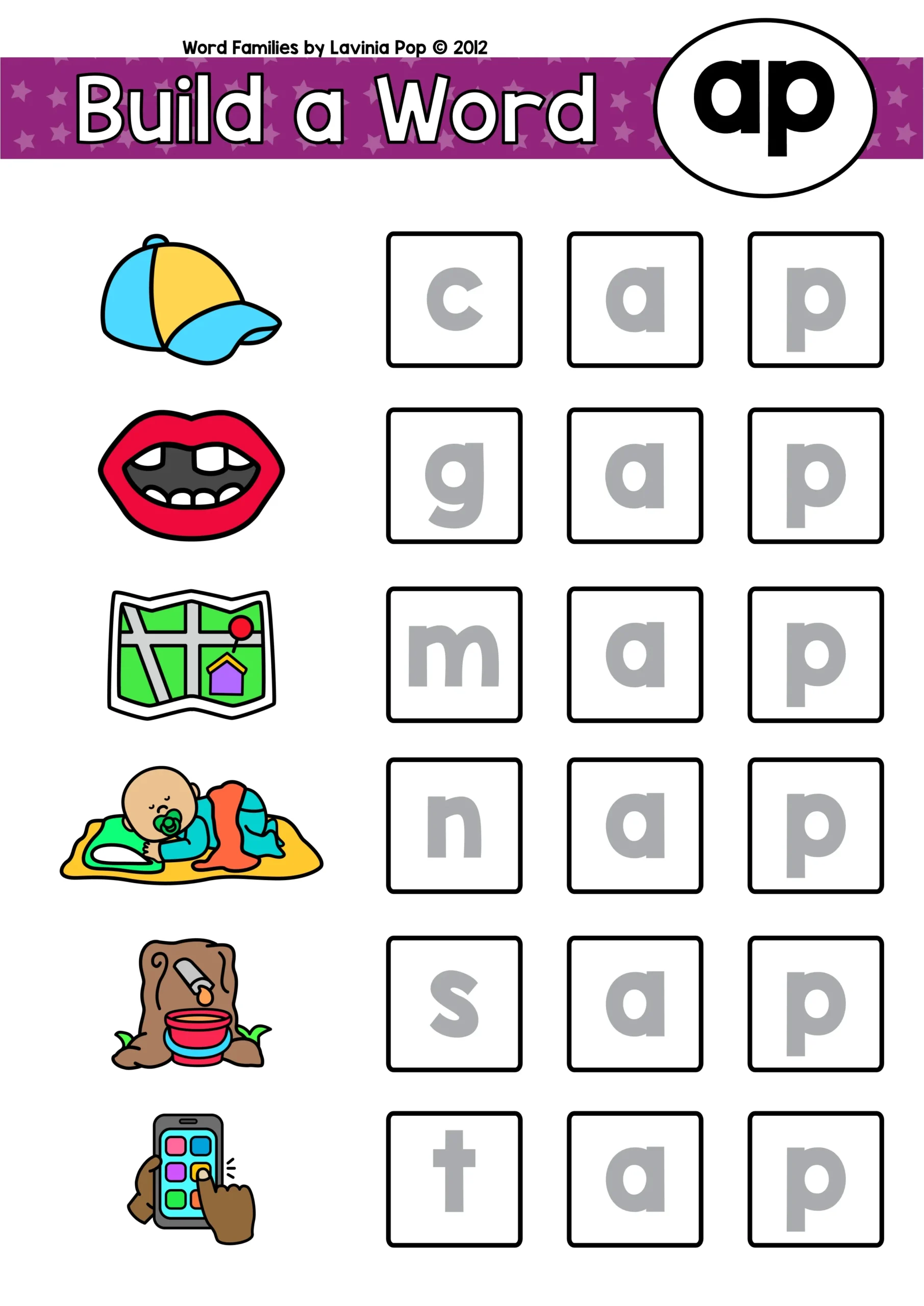 Word Family Center Word Building Mats | CVC and CCVC Word Families Word family build a word activity mat for ap words with pictures of cap map nap and tap for early phonics practice