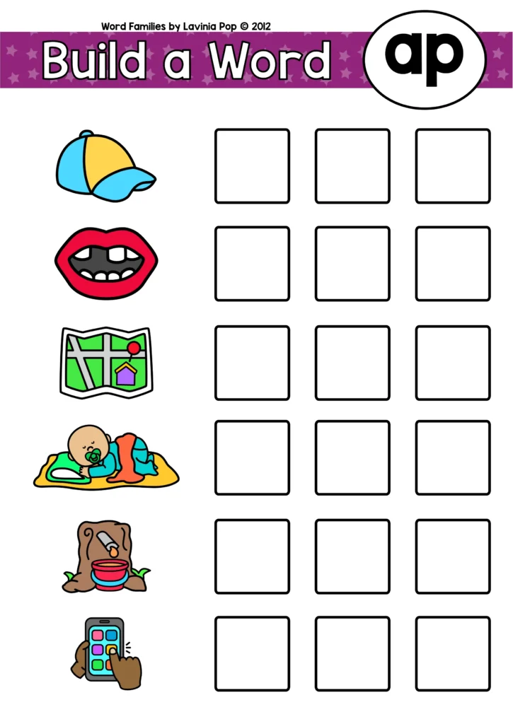 Word family build a word activity mat for ap words with pictures of cap map nap and tap for early phonics practice
