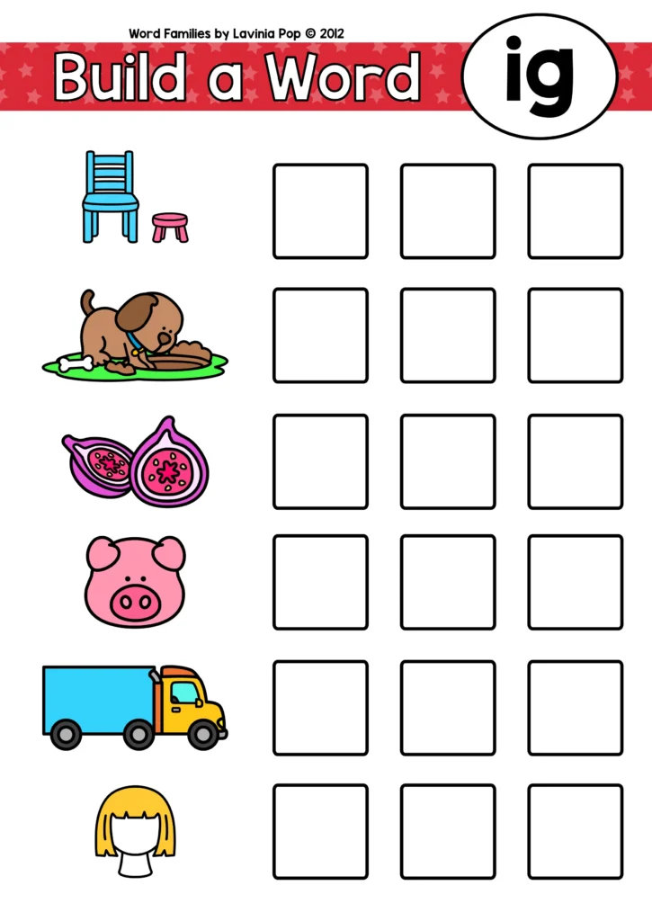 Printable build a word worksheet for ig word family with pictures of dig fig pig rig wig for early reading