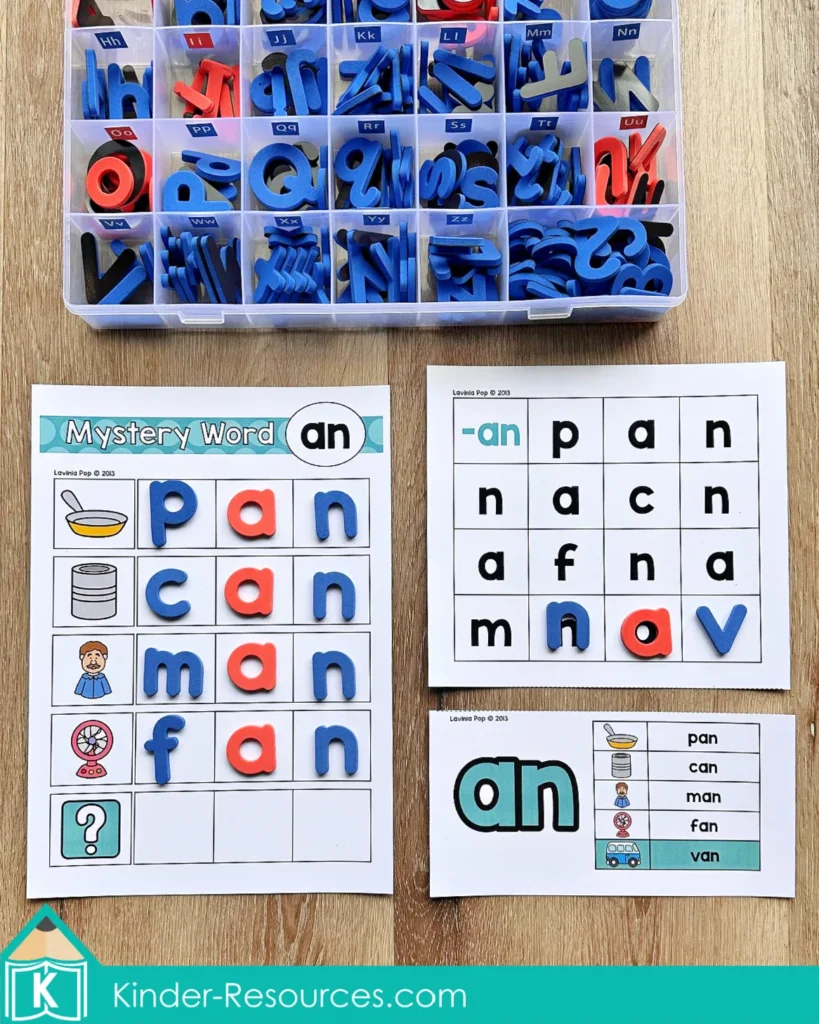 AN word family Mystery Word mat with letter board for word building and an answer card showing the correct CVC words and mystery word.