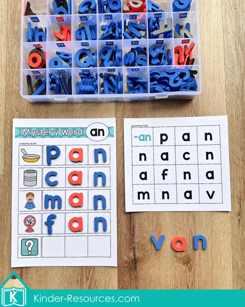 AN word family Mystery Word mat with picture prompts for pan, can, man, fan and a letter board used for building the CVC words.