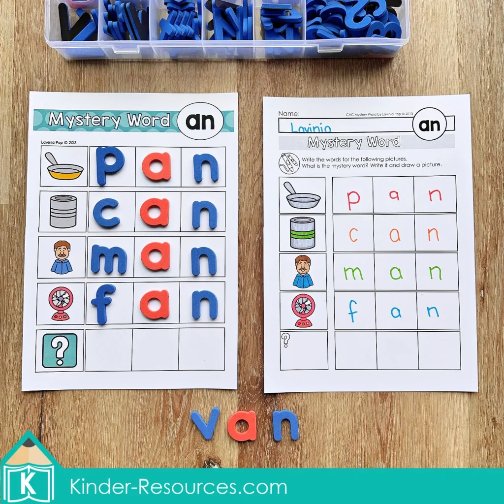 AN word family Mystery Word mat paired with the student recording sheet for writing pan, can, man, fan and the mystery word van.