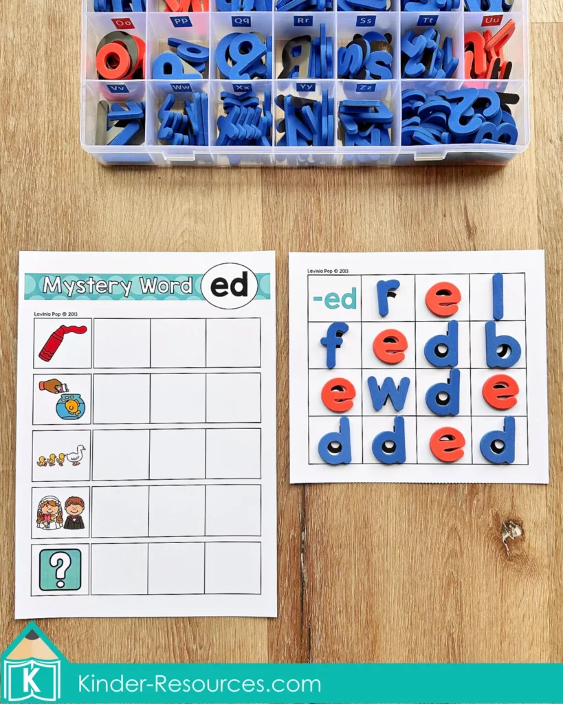 Close up of the ED word family Mystery Word mat with picture prompts for red, fed, led, and wed.