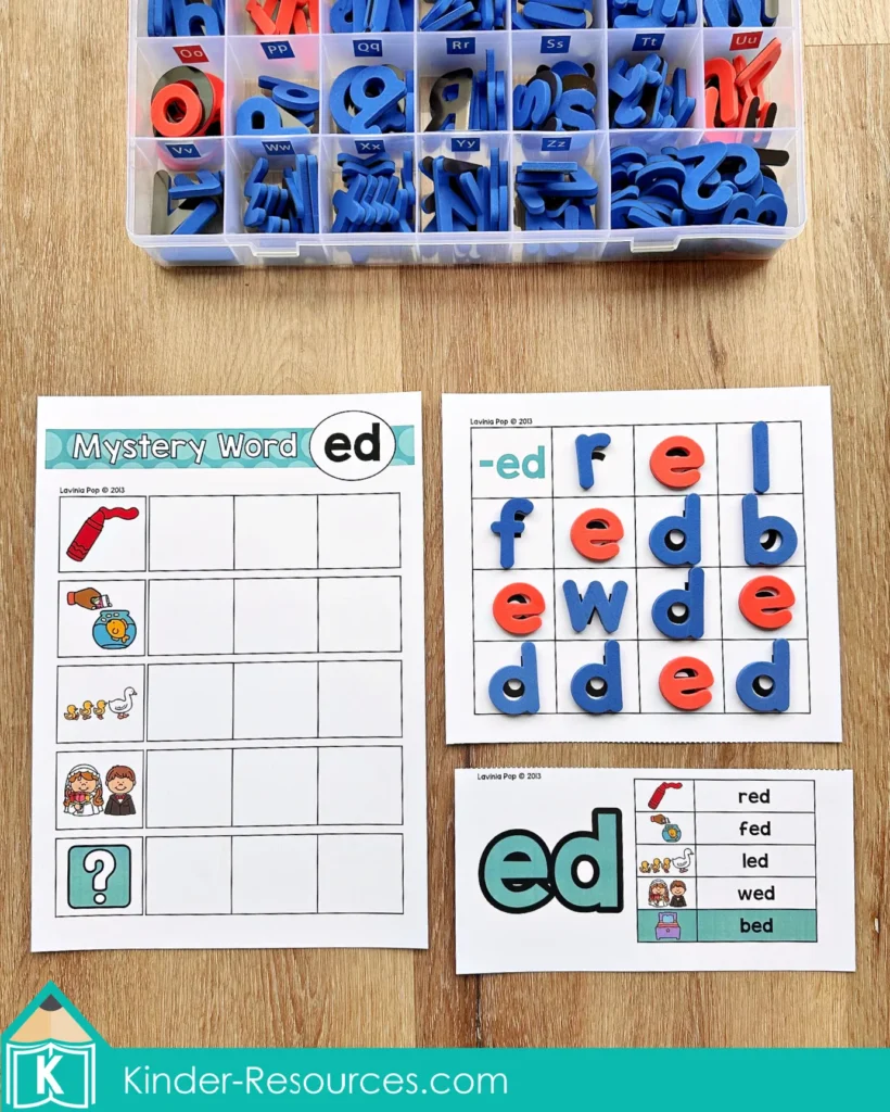 ED word family Mystery Word mat alongside the letter board and the answer card used for CVC building and self checking.