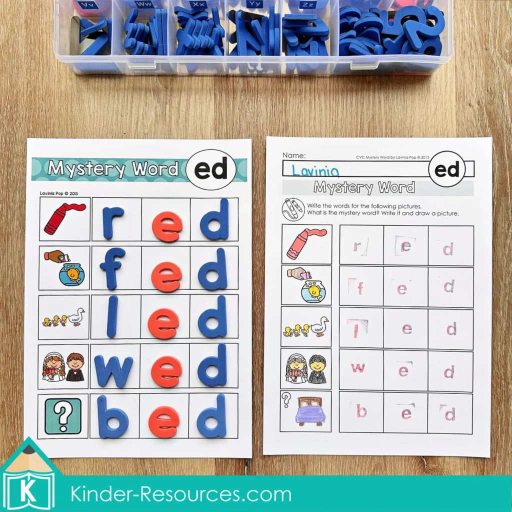 ED word family Mystery Word mat with a recording sheet for writing red, fed, led, wed and the mystery word bed.