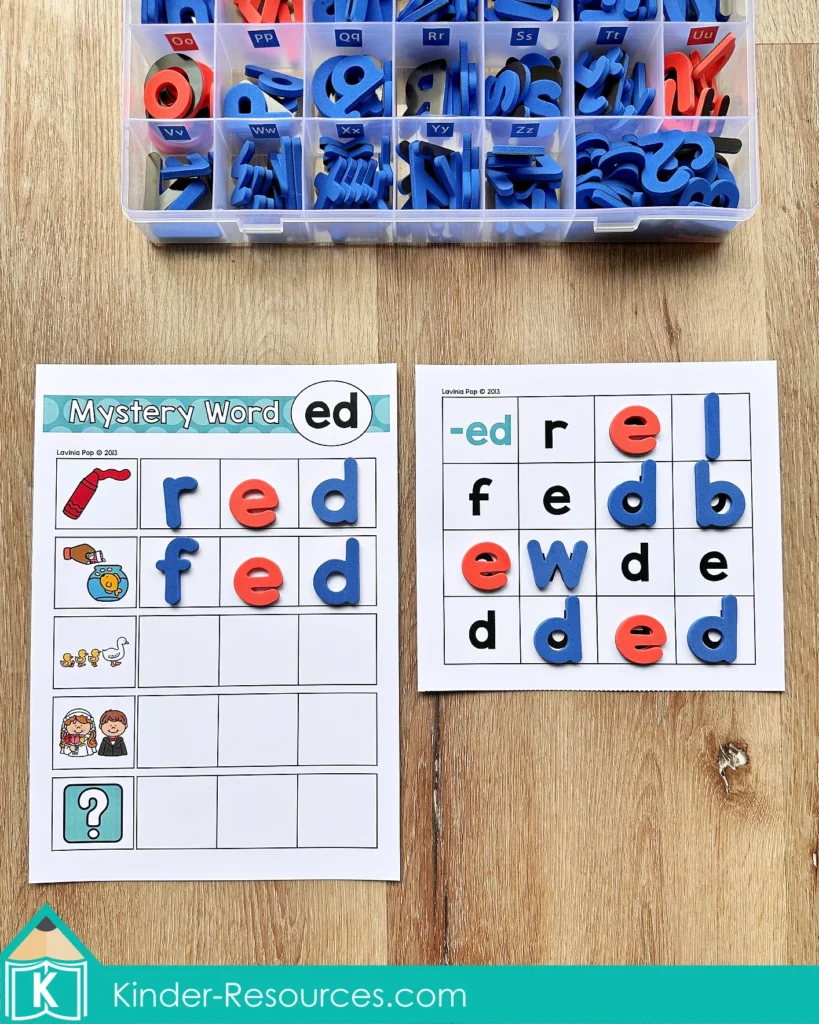 ED word family Mystery Word mat with foam letters forming red, fed, led, and wed next to a letter board filled with blue and red letter tiles during a CVC word building activity.