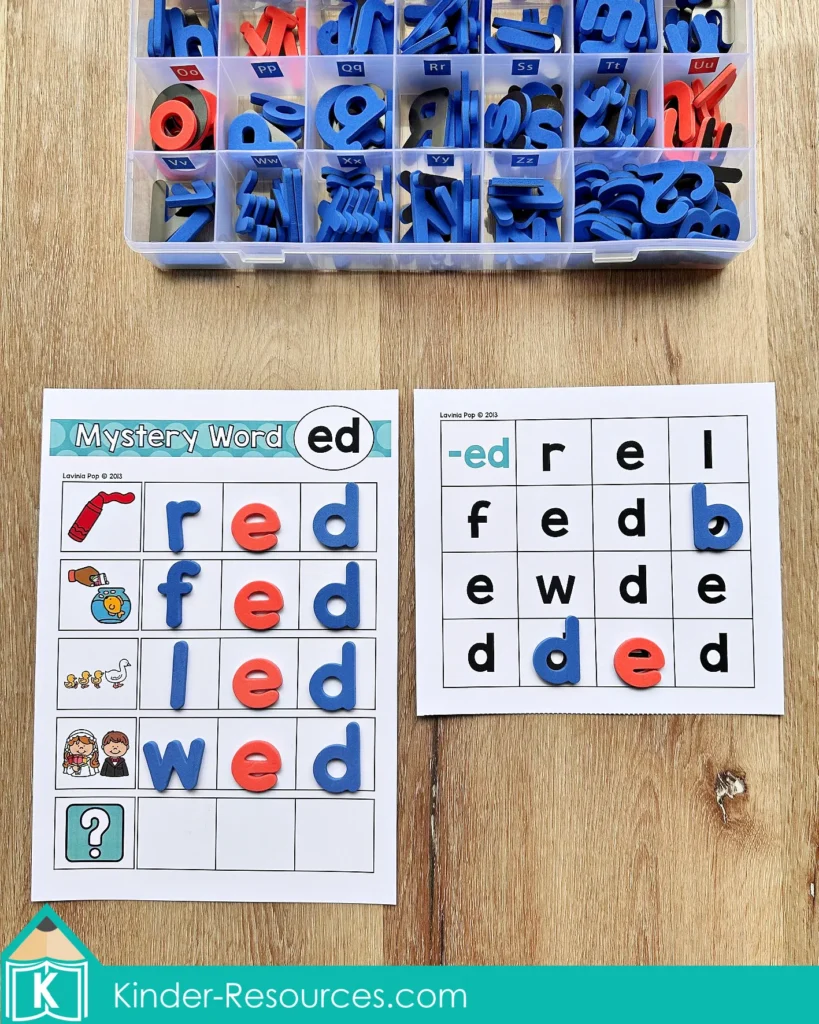 CVC ed mystery word center for kindergarten with build a word mat and letter board for red, fed, led, wed, and bed