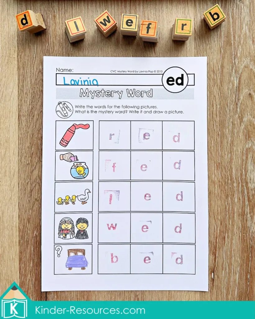 CVC ed word family worksheet for kindergarten phonics practice featuring red, fed, led, wed, and bed with alphabet stamps placed above