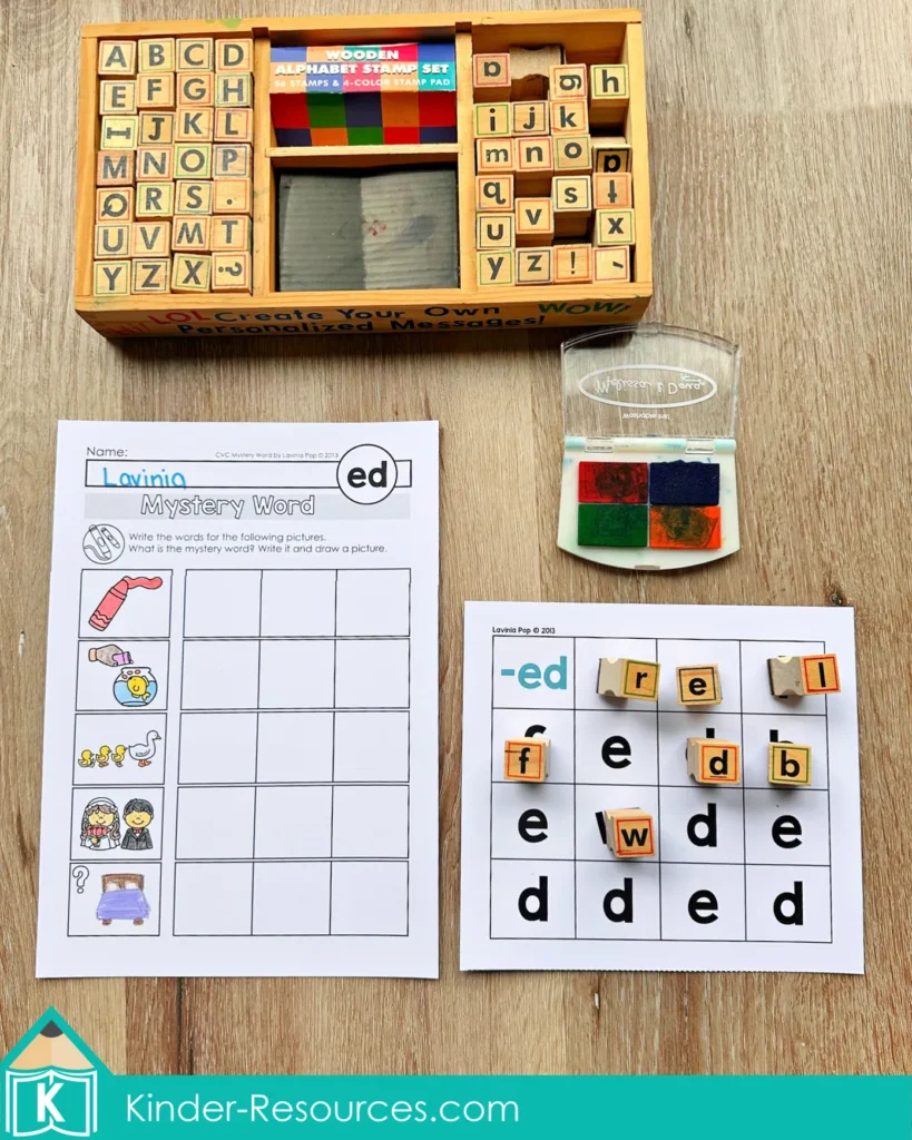 CVC ed word family mystery word activity with kindergarten worksheet, alphabet stamps, and letter board for red, fed, led, wed, and bed