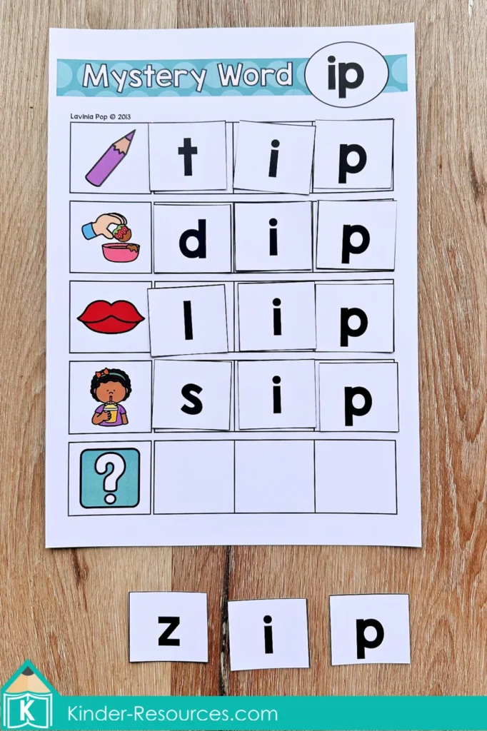 CVC ip mystery word mat for kindergarten with picture prompts, paper letter tiles, and zip as the final mystery word