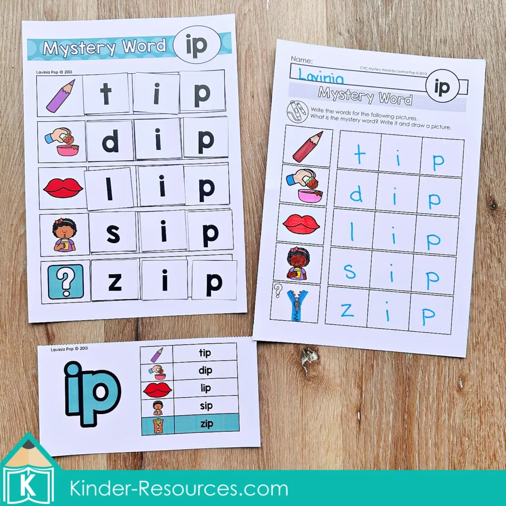 CVC ip mystery word activity for kindergarten with word family build a word mat, writing worksheet, and answer card for tip, dip, lip, sip, and zip