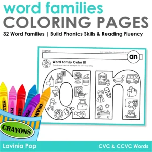 Word Families Color It! Coloring Pages cover with an word family worksheet, crayons, and title text Build Phonics Skills and Reading Fluency.