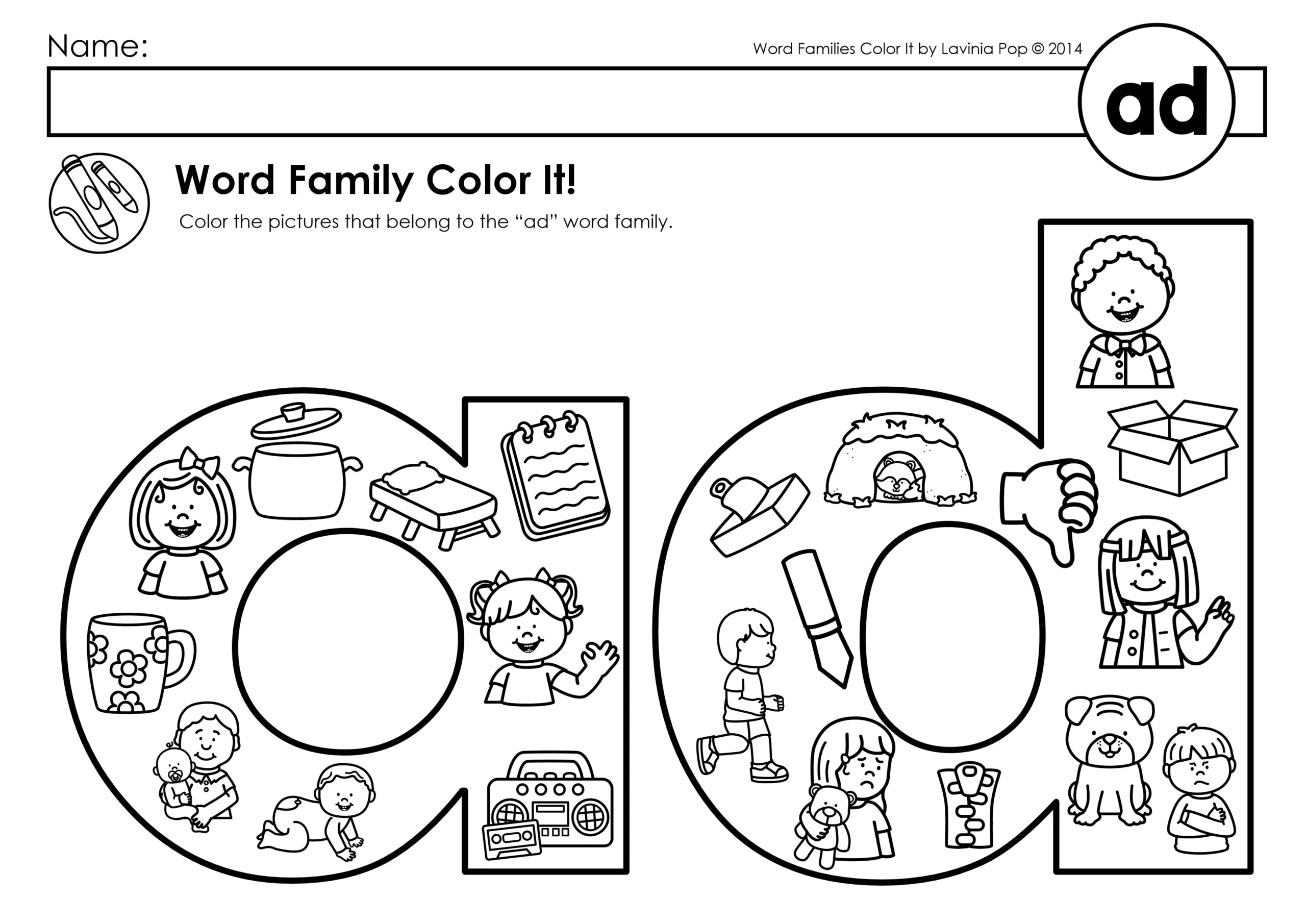 ad word family coloring worksheet from Word Families Color It! Coloring Pages with pictures to color that belong to the an word family. ad Word Family Worksheet | Word Families Color It! Coloring Pages