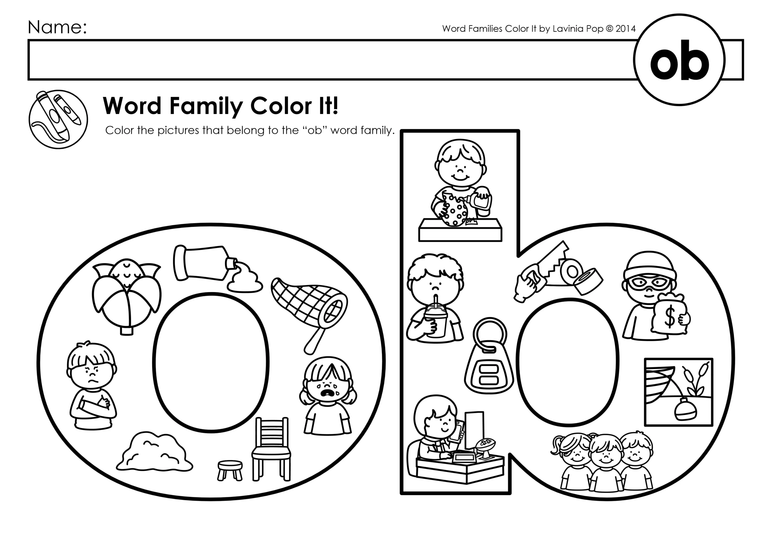 ob Word Family Worksheet | Word Families Color It! Coloring Pages ob word family coloring page from Word Families Color It! Coloring Pages with CVC and CCVC words for phonics centers.
