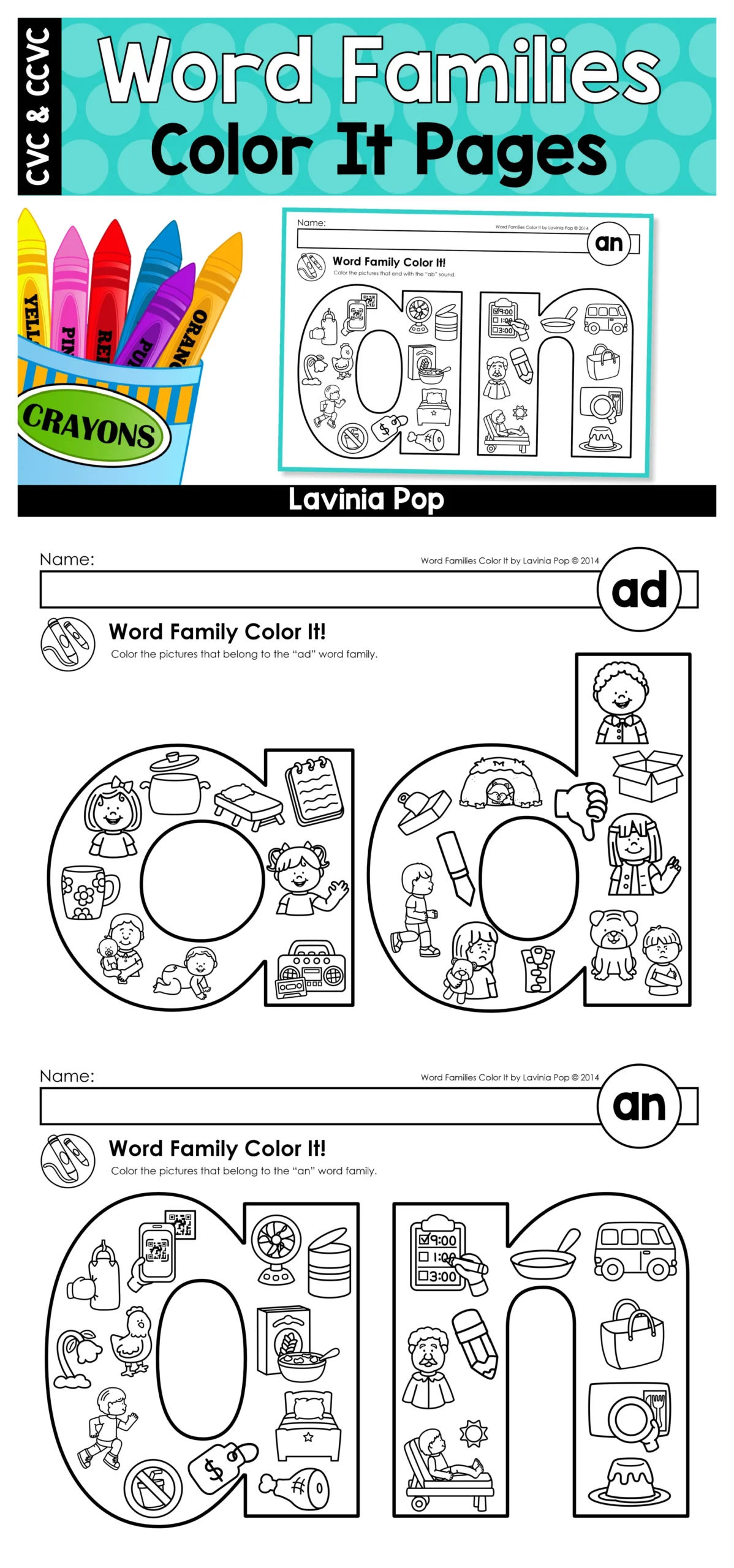 Word Families Color It! Coloring Pages Preview | CVC and CCVC Word Families Preview collage of Word Families Color It! Coloring Pages including ad and an worksheets for kindergarten phonics practice.