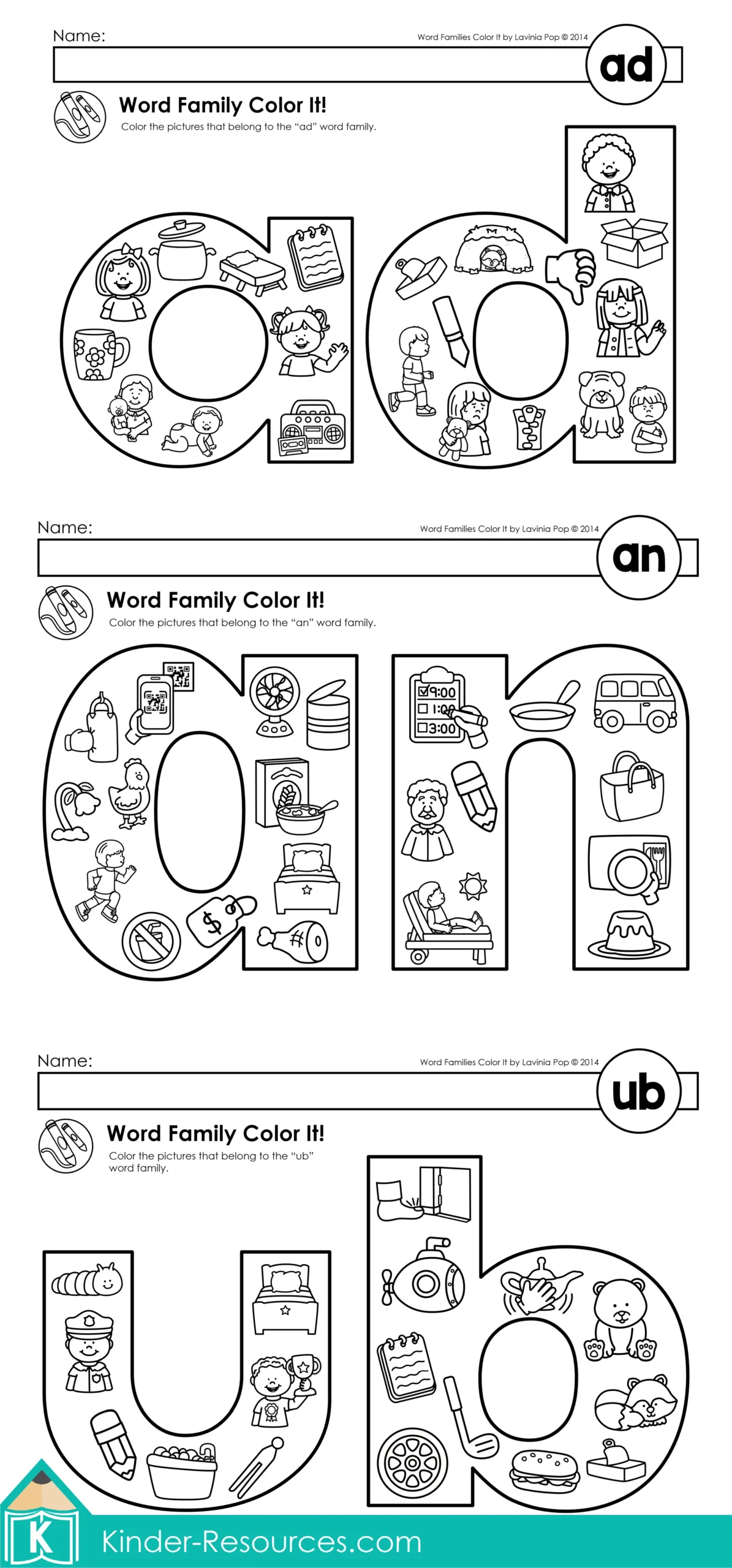 Word Families Color It! Coloring Pages Preview for ad an ub Word Families Color It! Coloring Pages featuring ad, an, and ub word family worksheets for phonics and early reading practice.