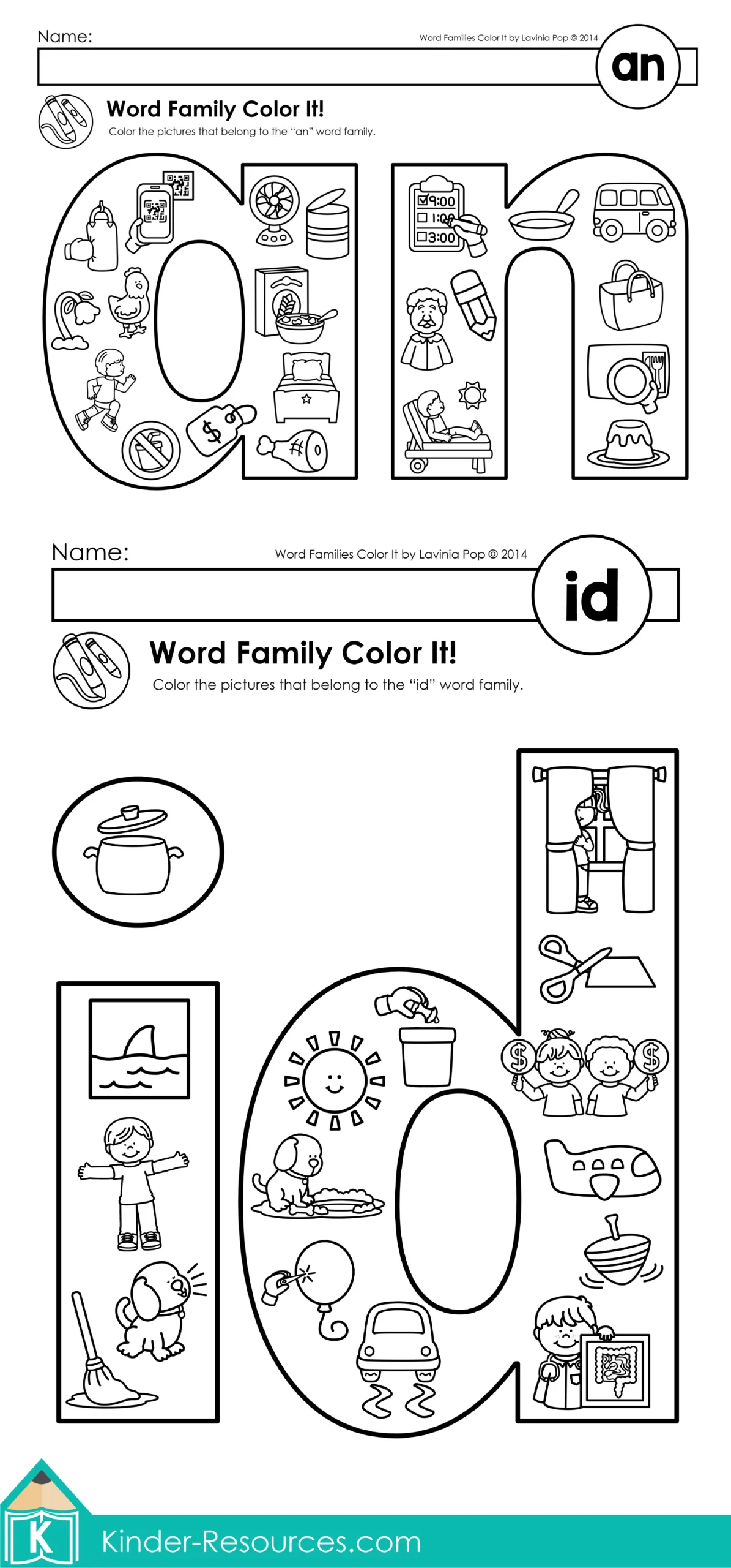 Word Families Color It! Coloring Pages for CVC and CCVC Word Families Word Families Color It! Coloring Pages including an and id worksheets for short vowel word family phonics practice.