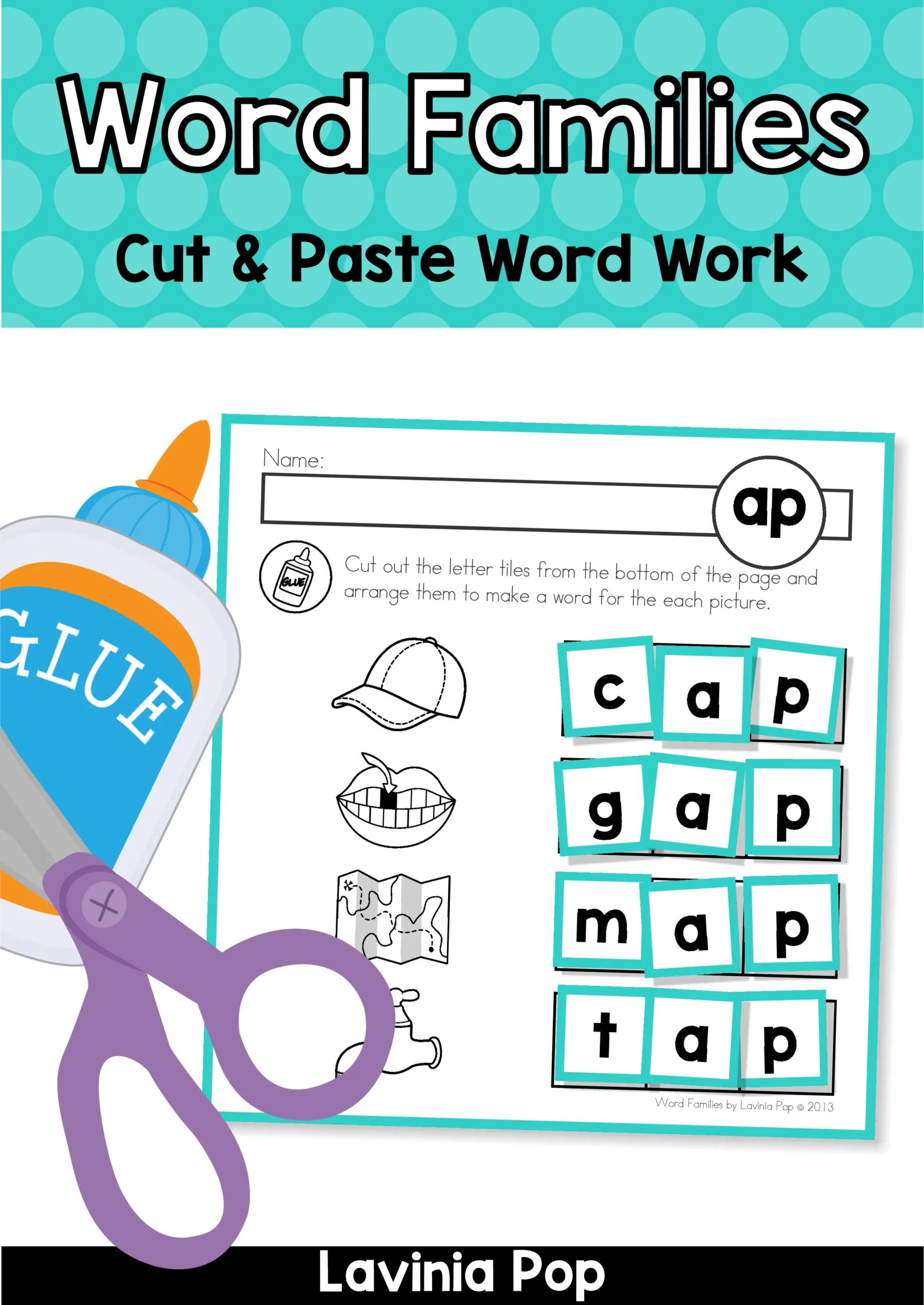 CVC Word Families Word Work Worksheets for Kindergarten CVC Word Families Word Work cover showing printable cut and paste phonics worksheets for Kindergarten students to build and read short vowel words