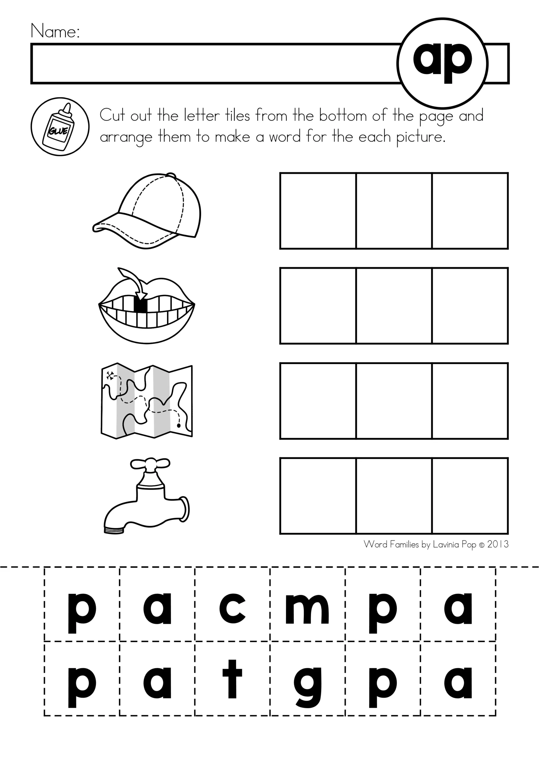 Kindergarten Literacy Center Activity β CVC Word Families Word Work Phonics worksheet from the CVC Word Families Word Work set used for cutting, pasting, and reading CVC words in literacy centers