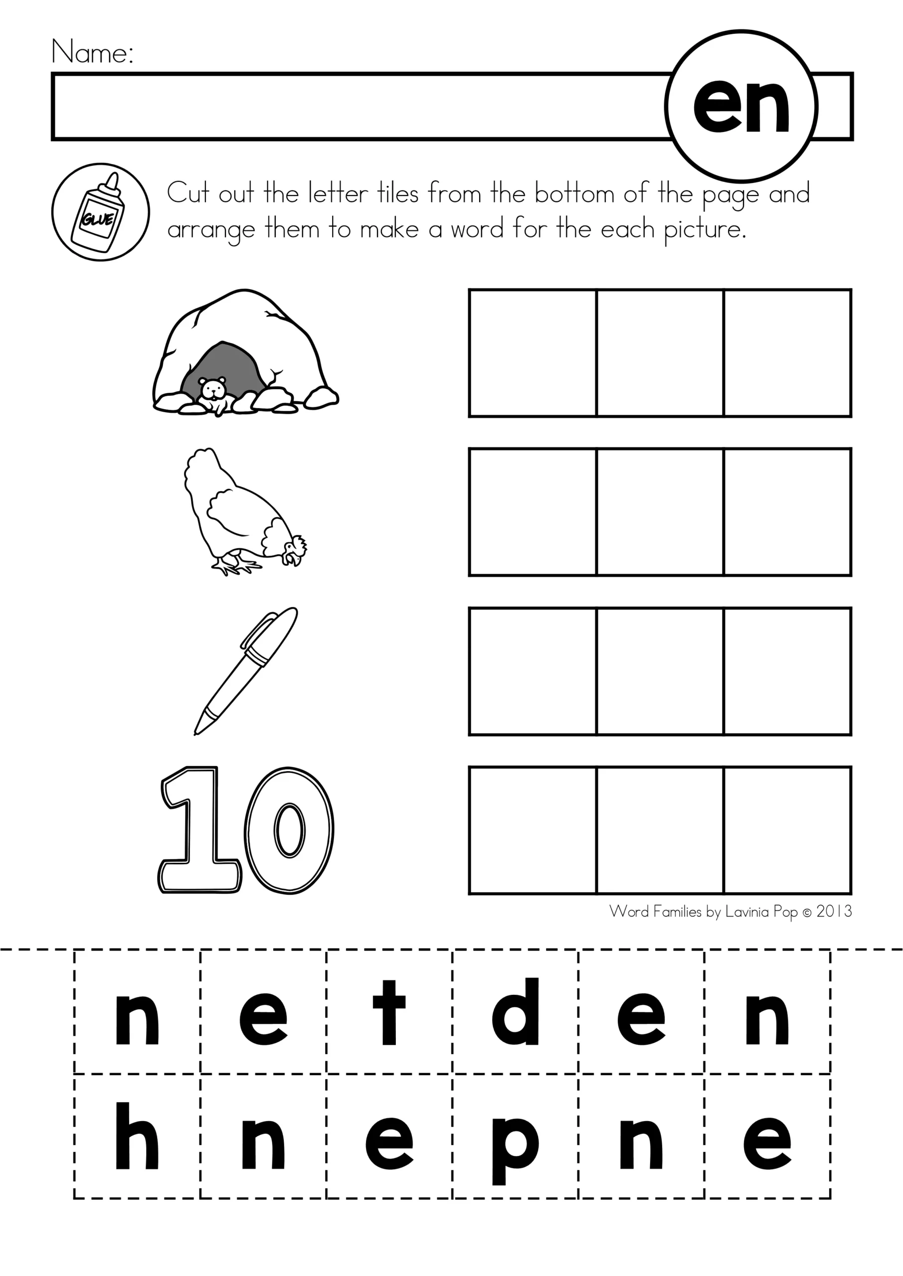 Build CVC Words with Cut and Paste Word Family Worksheets Hands-on CVC Word Families Word Work activity featuring cut and paste letter tiles to create short vowel words for Kindergarten