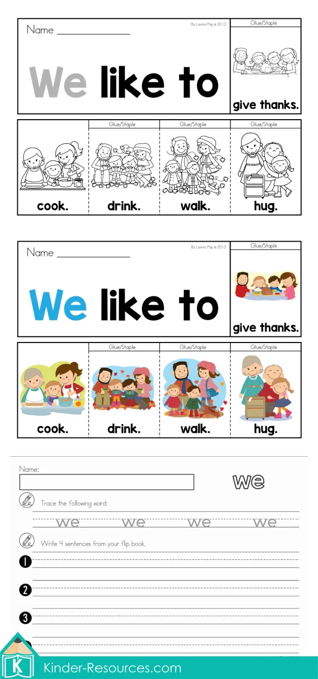 Free Thanksgiving Sight Word Fluency Flip Book | We Like To Printable Free Thanksgiving Sight Word Fluency Flip Book for preschool and kindergarten featuring the sentence “We like to” with Thanksgiving activities like cook, hug, and play.