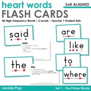 Heart Word Flashcards Pre-Primer Sight Words SoR Aligned featuring words said, are, like, the, to, and where with hearts marking tricky spelling parts