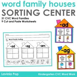 CVC word family houses and sorting cards with worksheets for kindergarten phonics and reading practice