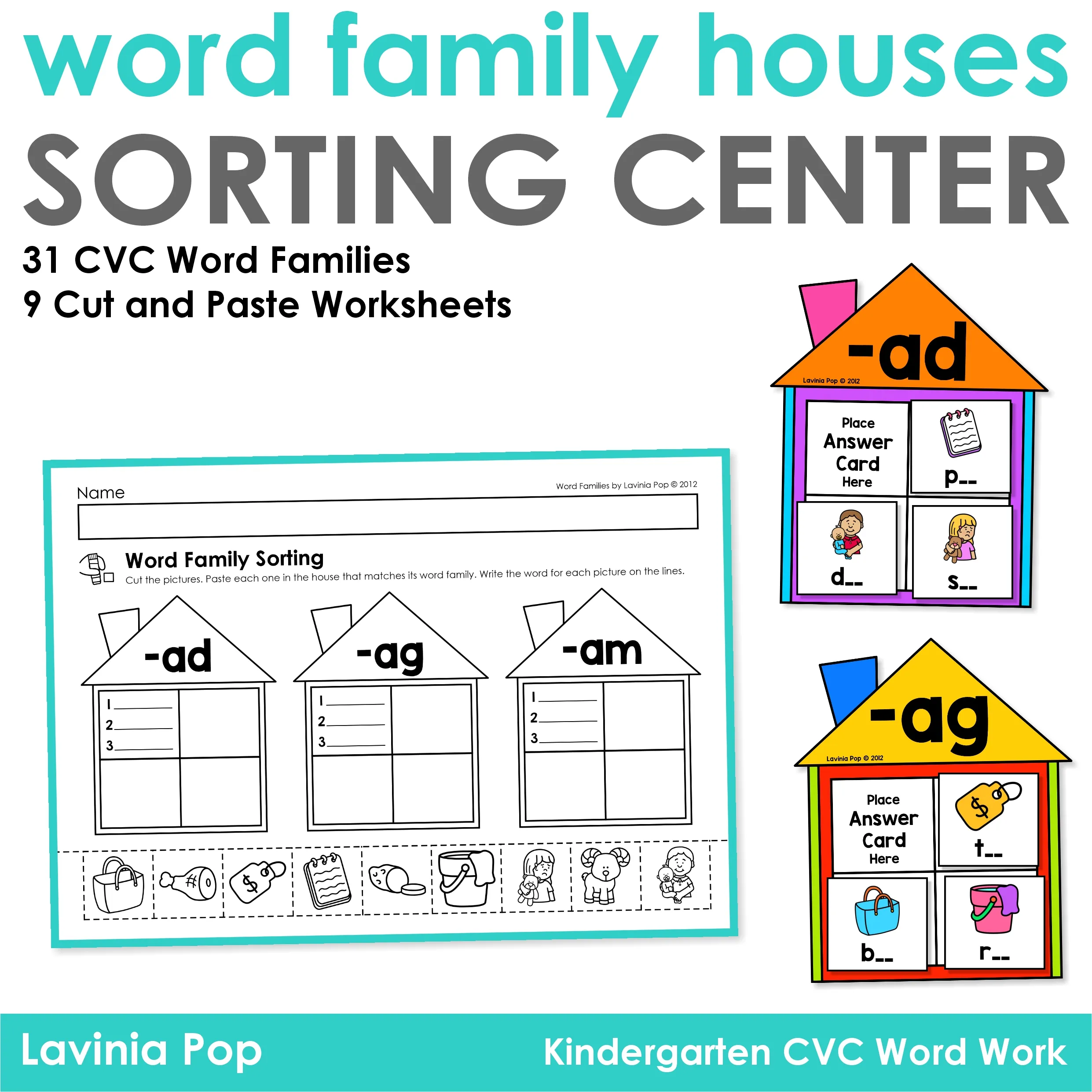 CVC Word Family Houses Sorting Activity for Kindergarten CVC word family houses and sorting cards with worksheets for kindergarten phonics and reading practice