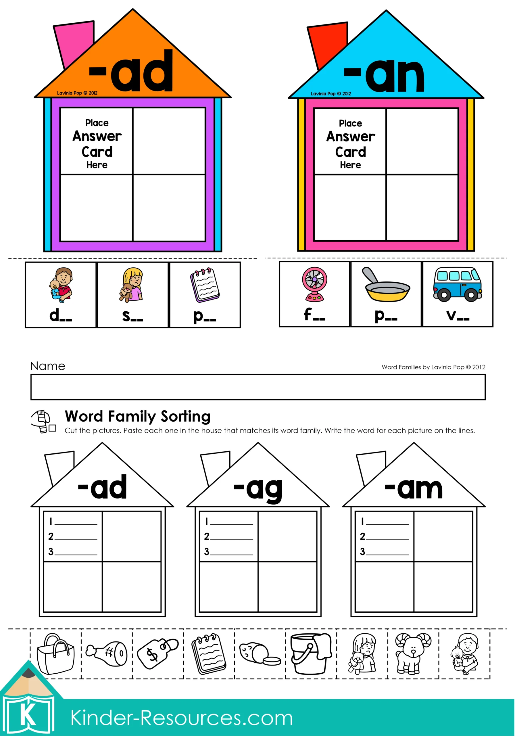 CVC Word Family Houses Sorting Activity | 31 Word Families and 9 Worksheets CVC word family houses sorting activity including printable houses, picture cards, and cut and paste worksheets for kindergarten literacy centers