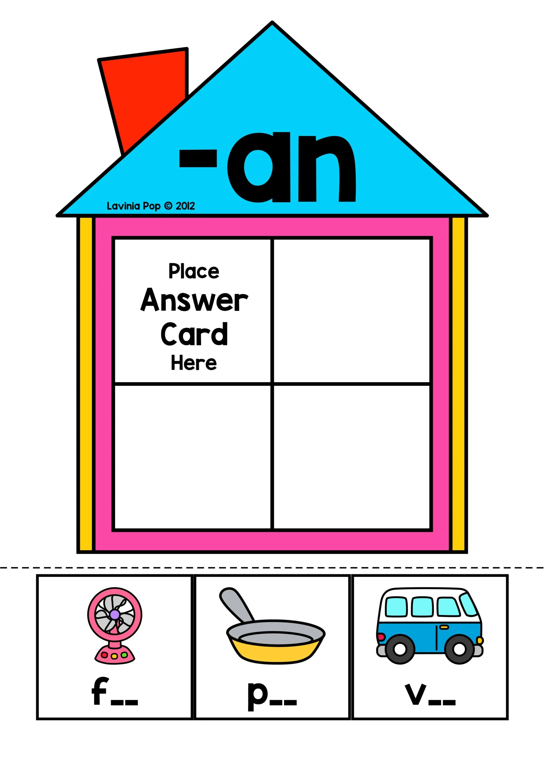 CVC Word Family House Sorting Activity for Kindergarten | an Word Family an word family house sorting mat with fan pan van picture cards for phonics and reading practice in kindergarten
