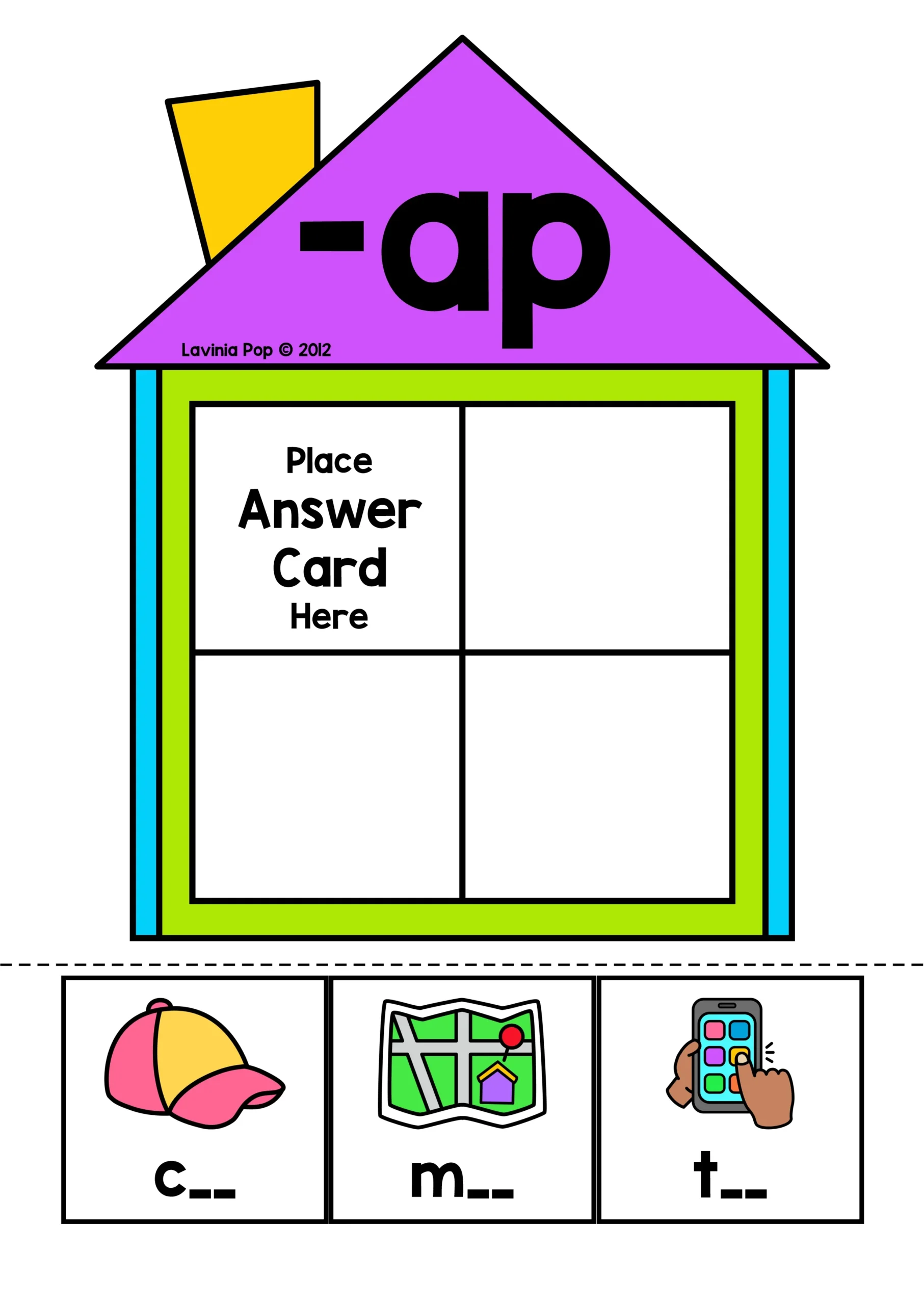 CVC Word Family House Sorting Activity | ap Word Family ap word family house sorting mat with cap map tap picture cards for kindergarten phonics and literacy centers