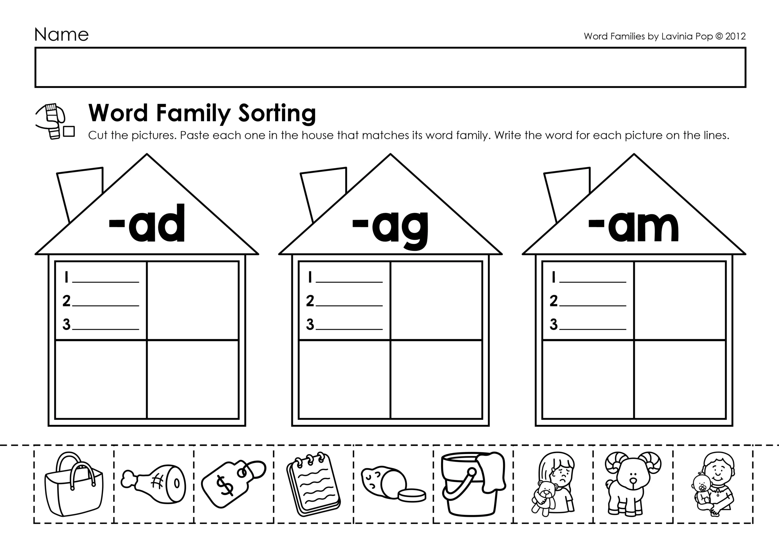 Short A Word Family Sorting Worksheet | ad ag am Word Families printable worksheet for ad ag am word families with pictures to cut and paste into matching houses for phonics practice