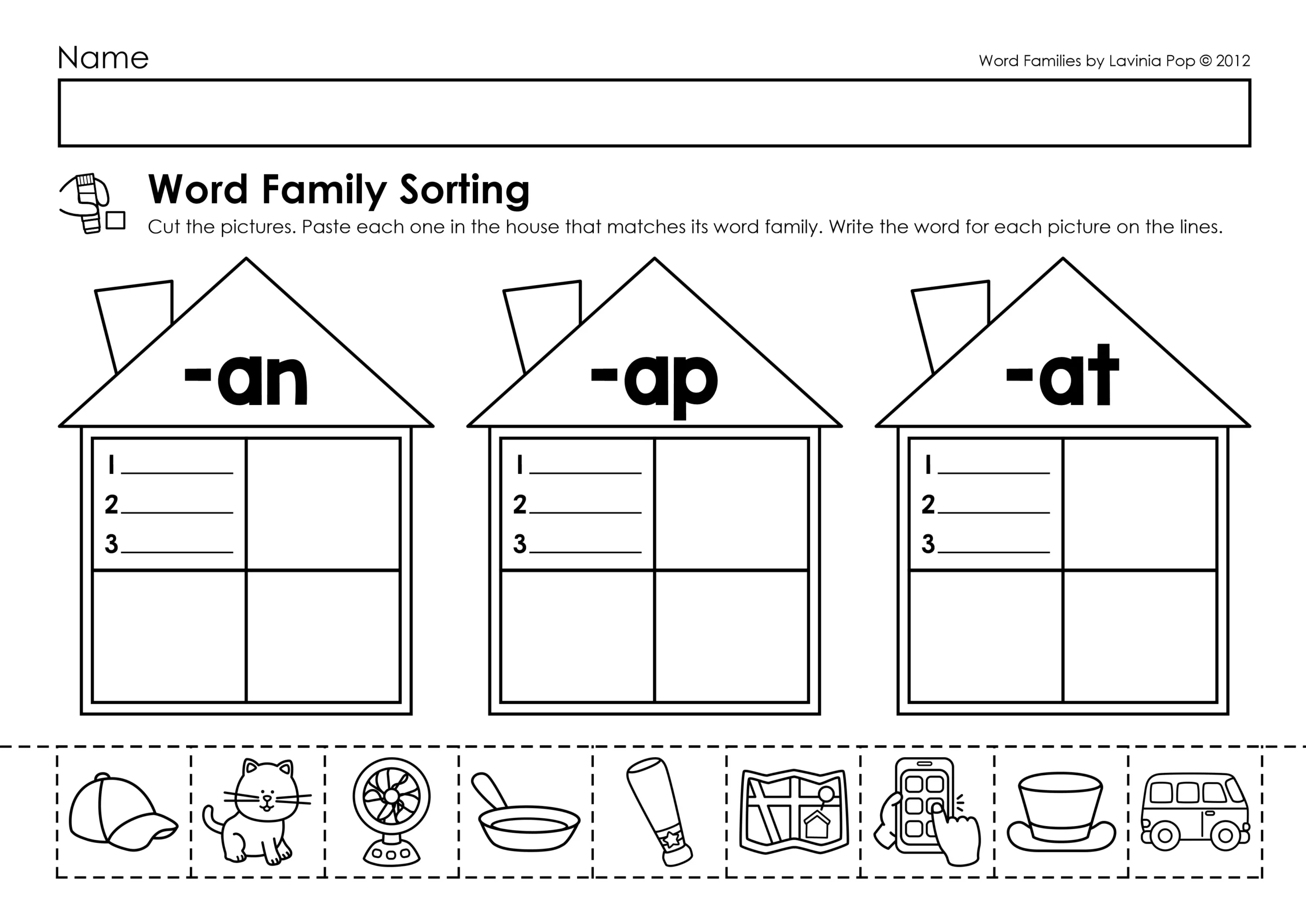 Short A Word Family Sorting Worksheet | an ap at Word Families short a word family sorting worksheet featuring an ap at houses with picture cards for kindergarten reading and writing practice
