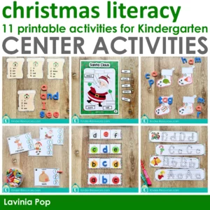 Christmas Literacy Centers for Kindergarten collage displaying 11 printable literacy activities including CVC words, syllables, alphabet tracing, beginning sounds, and labeling.