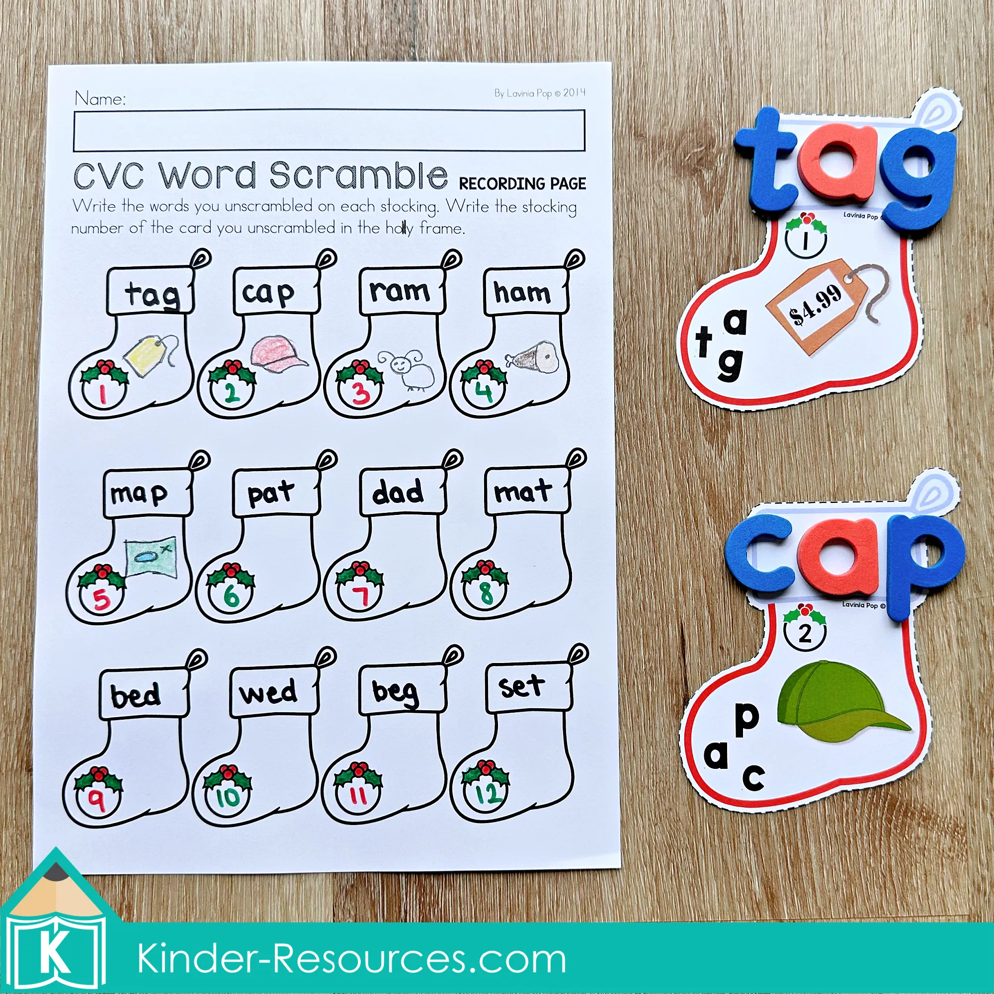 Christmas Literacy Centers for Kindergarten CVC Word Scramble Stockings Christmas Literacy Centers for Kindergarten CVC word scramble activity with stocking cards and recording page for building CVC words.