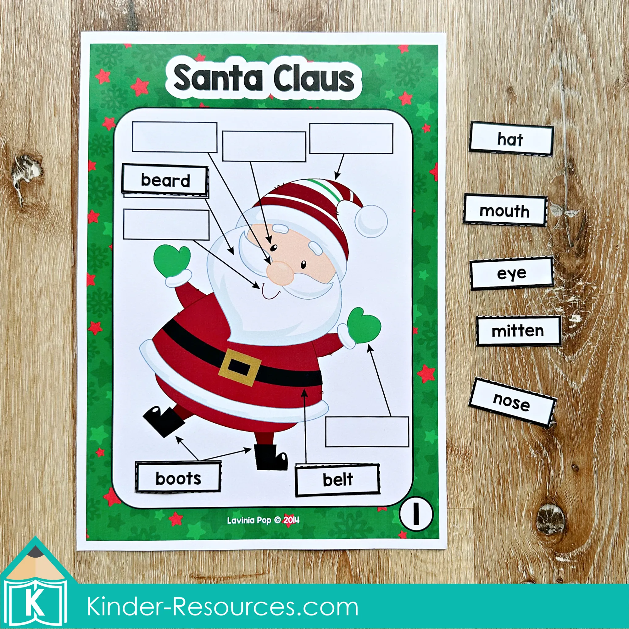Christmas Literacy Centers for Kindergarten Label the Santa Picture Activity Christmas Literacy Centers for Kindergarten labeling activity with Santa picture and word labels for vocabulary practice.