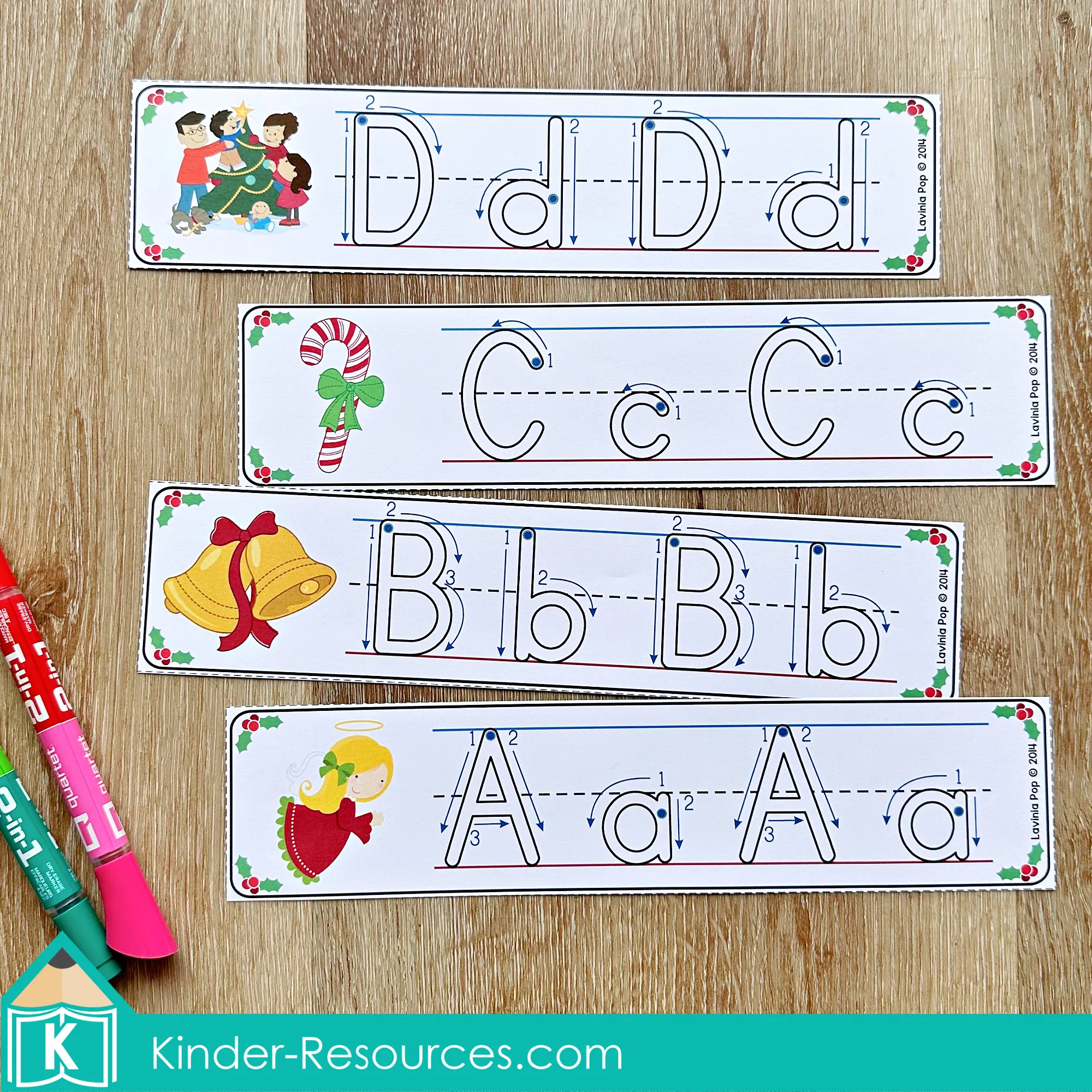 Christmas Literacy Centers for Kindergarten Alphabet Tracing Strips Christmas Literacy Centers for Kindergarten alphabet tracing activity with uppercase and lowercase Christmas themed tracing strips.