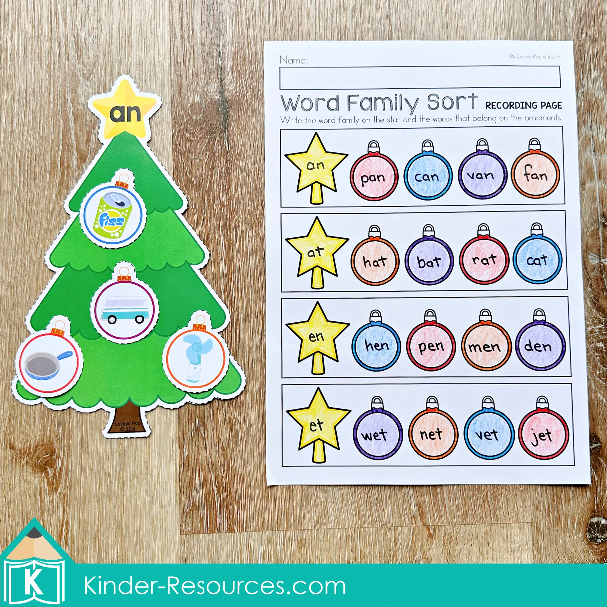 Christmas Literacy Centers for Kindergarten Word Family Sort Activity Christmas Literacy Centers for Kindergarten word family sort with Christmas tree mat and recording page for sorting an, at, en, and et word families.