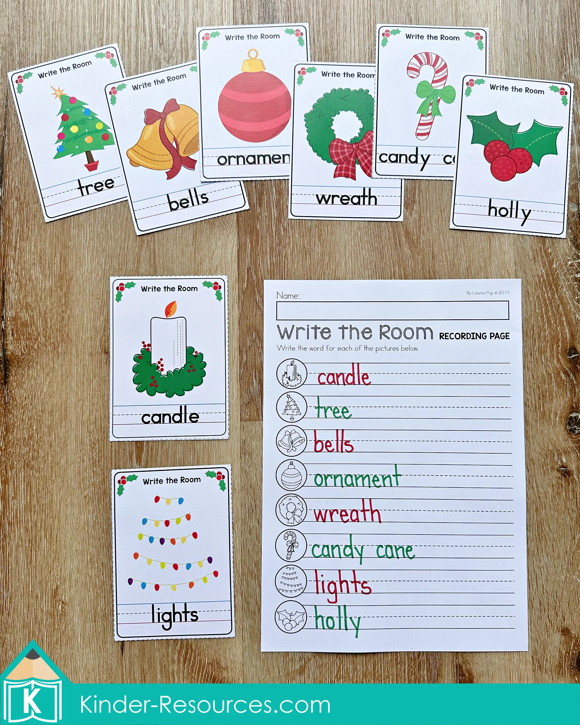 Christmas Literacy Centers for Kindergarten Write the Room Activity Christmas Literacy Centers for Kindergarten write the room activity with Christmas vocabulary cards and matching recording page for writing holiday themed words.