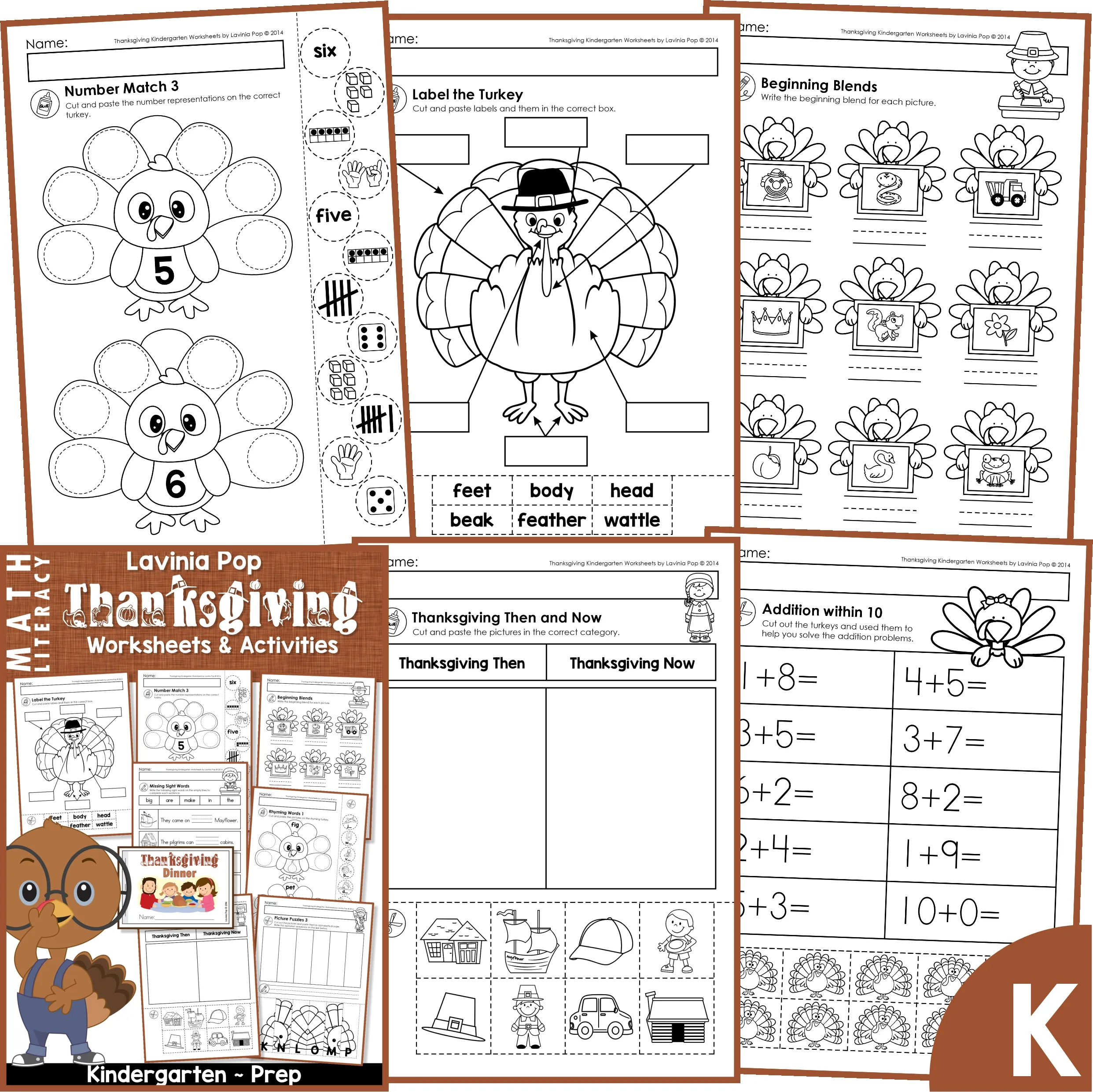 Thanksgiving Kindergarten Worksheets and Activities – Number Sense, Label the Turkey, and Beginning Blends Printable Thanksgiving Kindergarten Worksheets and Activities featuring number matching turkeys, a label-the-turkey cut-and-paste page, beginning blends practice, addition within 10, and a Thanksgiving Then and Now sorting activity for Kindergarten and Prep.