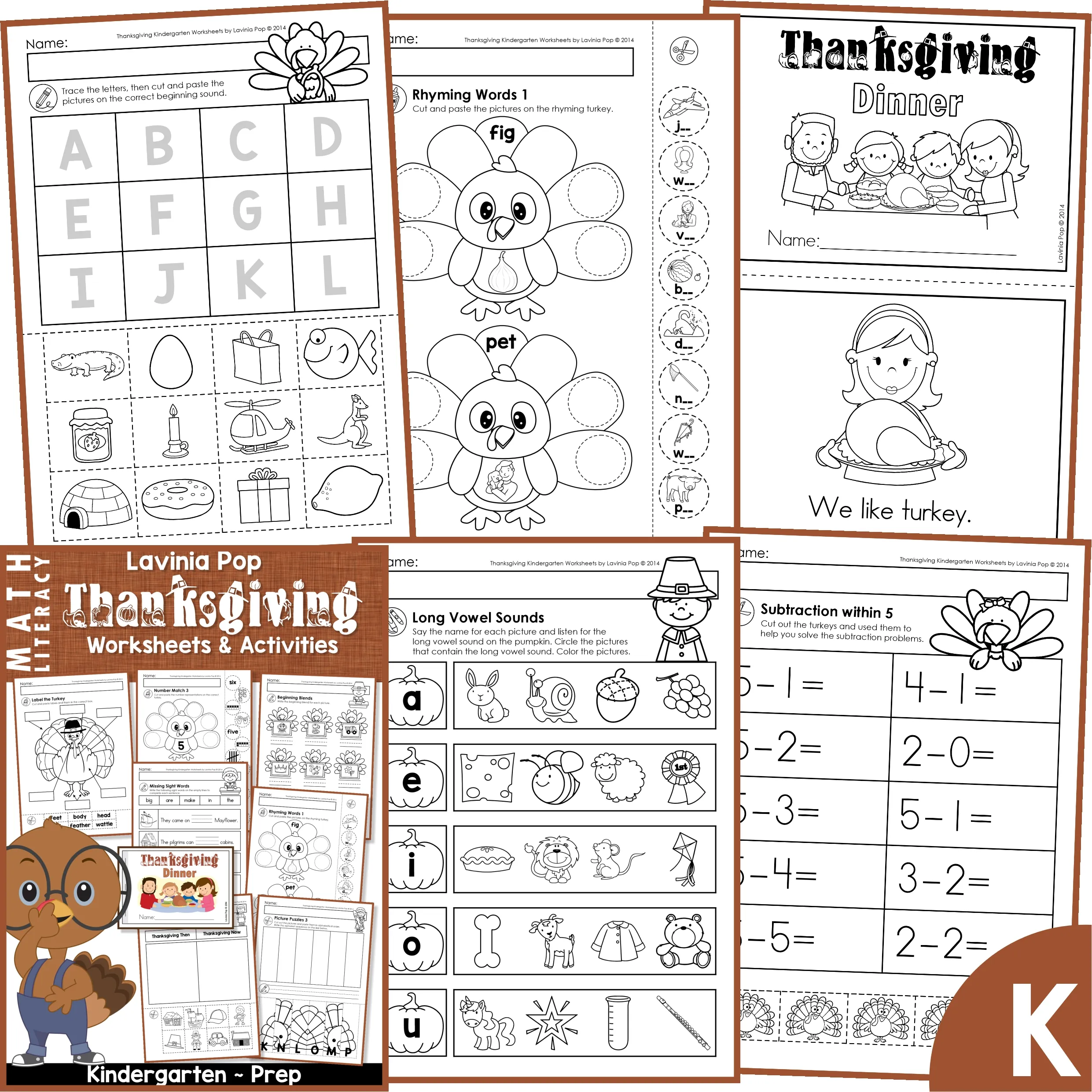 Thanksgiving Kindergarten Worksheets and Activities – Rhyming Words, Long Vowels, and Emergent Reader Thanksgiving Kindergarten Worksheets and Activities packet including rhyming turkeys, long vowel sound worksheets, subtraction within 5, and a Thanksgiving Dinner emergent reader for Kindergarten and Prep classrooms.