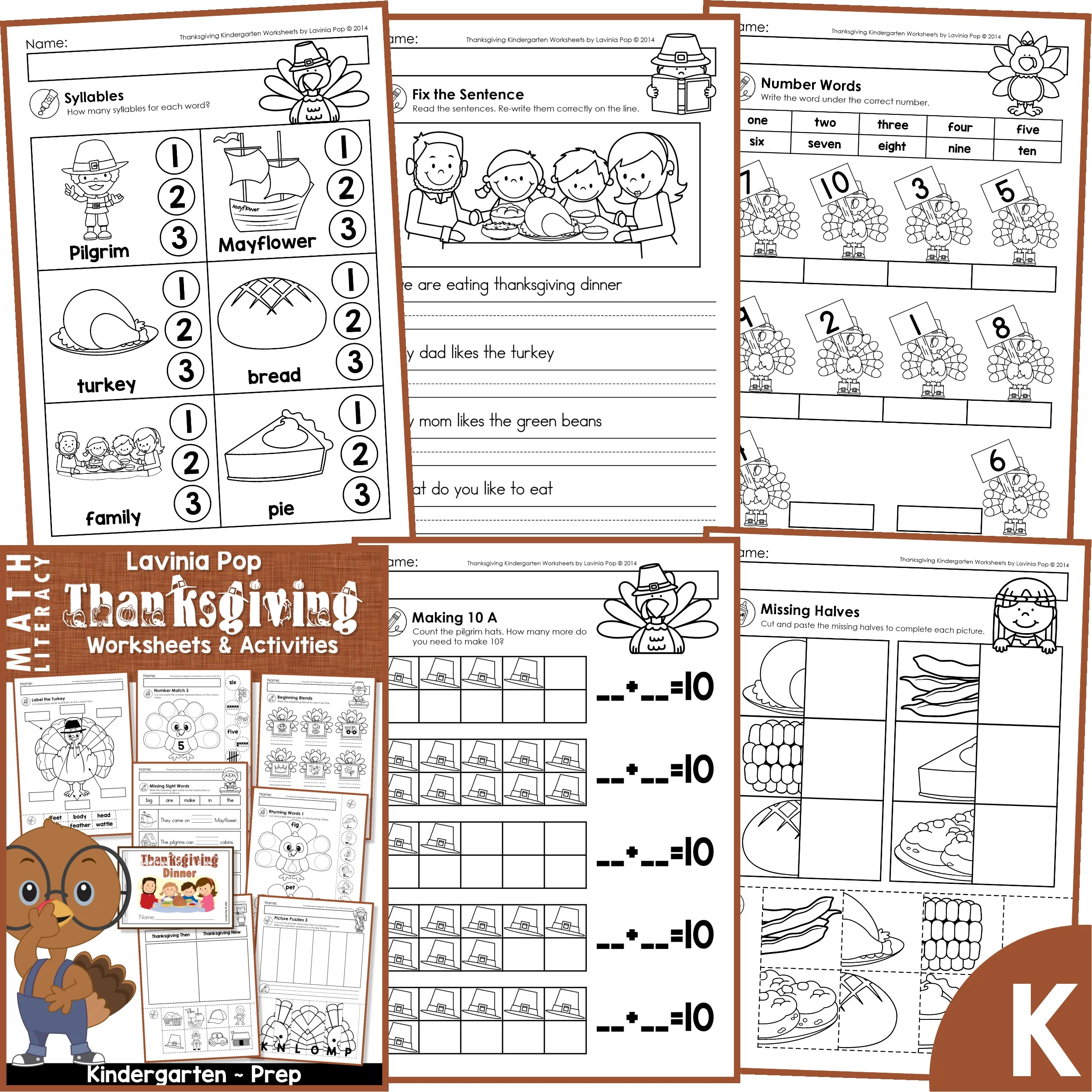 Thanksgiving Kindergarten Worksheets and Activities – Syllables, Number Words, and Making 10 Thanksgiving Kindergarten Worksheets and Activities pages showing syllables, fix-the-sentence handwriting practice, number words, making 10 with ten frames, and missing halves cut-and-paste activities for Kindergarten students.
