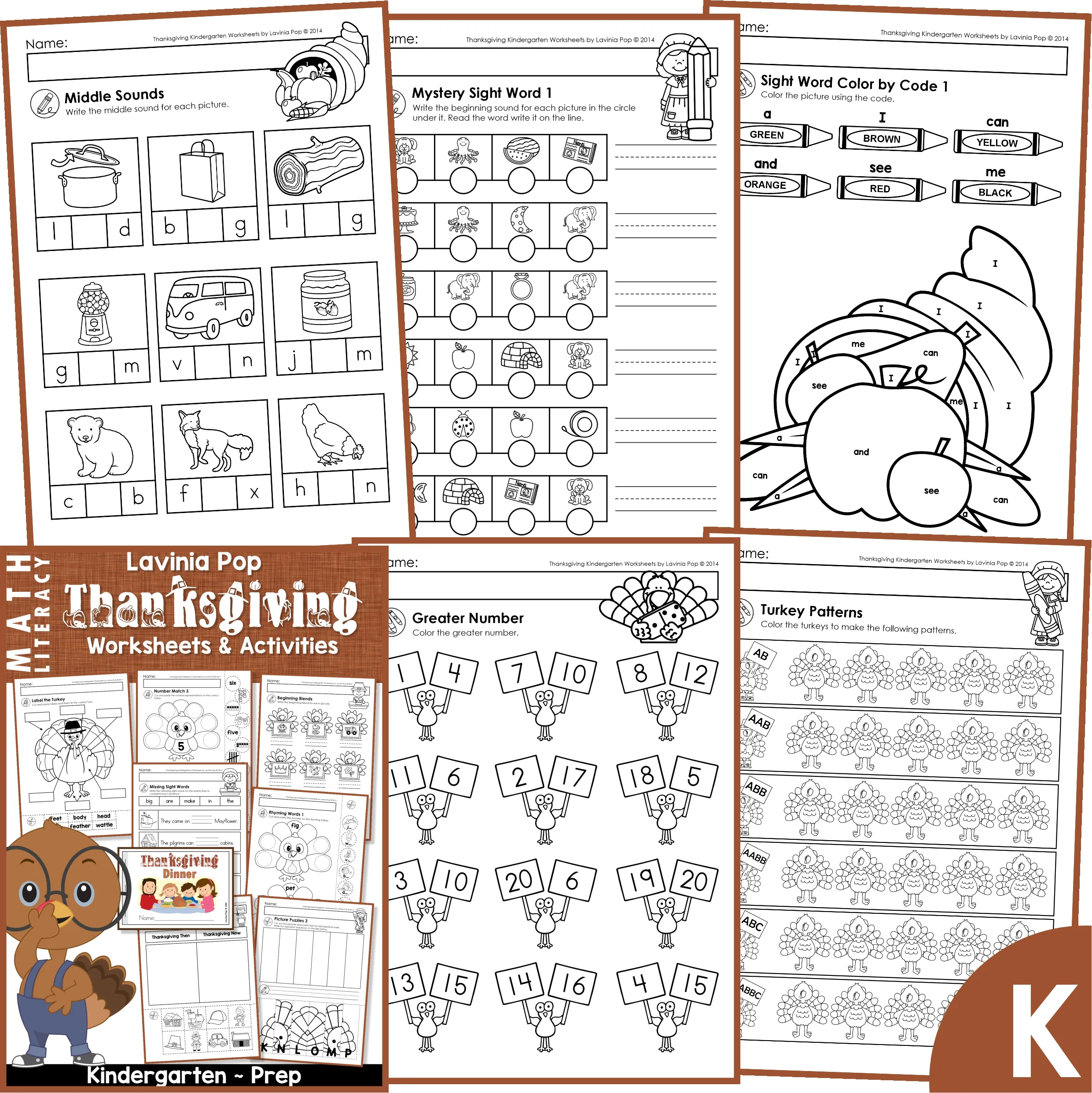 Thanksgiving Kindergarten Worksheets and Activities – Middle Sounds, Sight Words, and Patterns Thanksgiving Kindergarten Worksheets and Activities packet featuring middle sound phonics, mystery sight word decoding, color by sight word, greater number comparison, and turkey pattern coloring for Kindergarten and Prep learners.