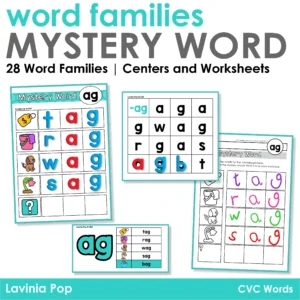 CVC Mystery Word mats with word family activities including center mats, letter boards, recording sheets, and answer cards for short vowel practice.