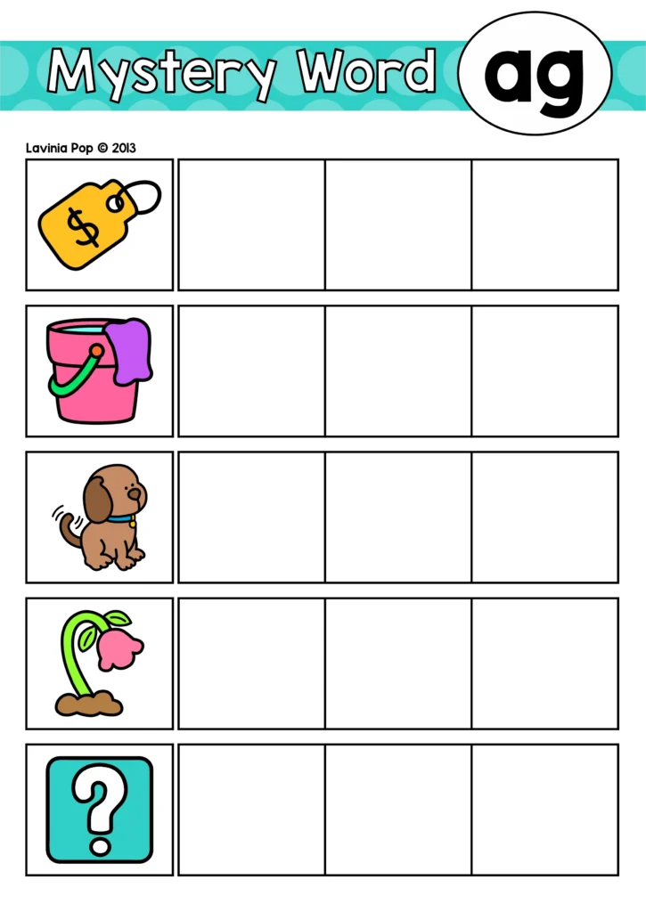 Color Mystery Word mat for the ag word family with picture prompts for tag, rag, wag, sag, and a mystery word box.