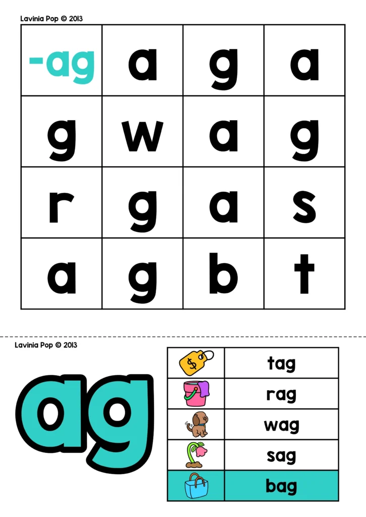Letter board with letters needed for ag word family words and an answer card listing tag, rag, wag, sag, and bag.